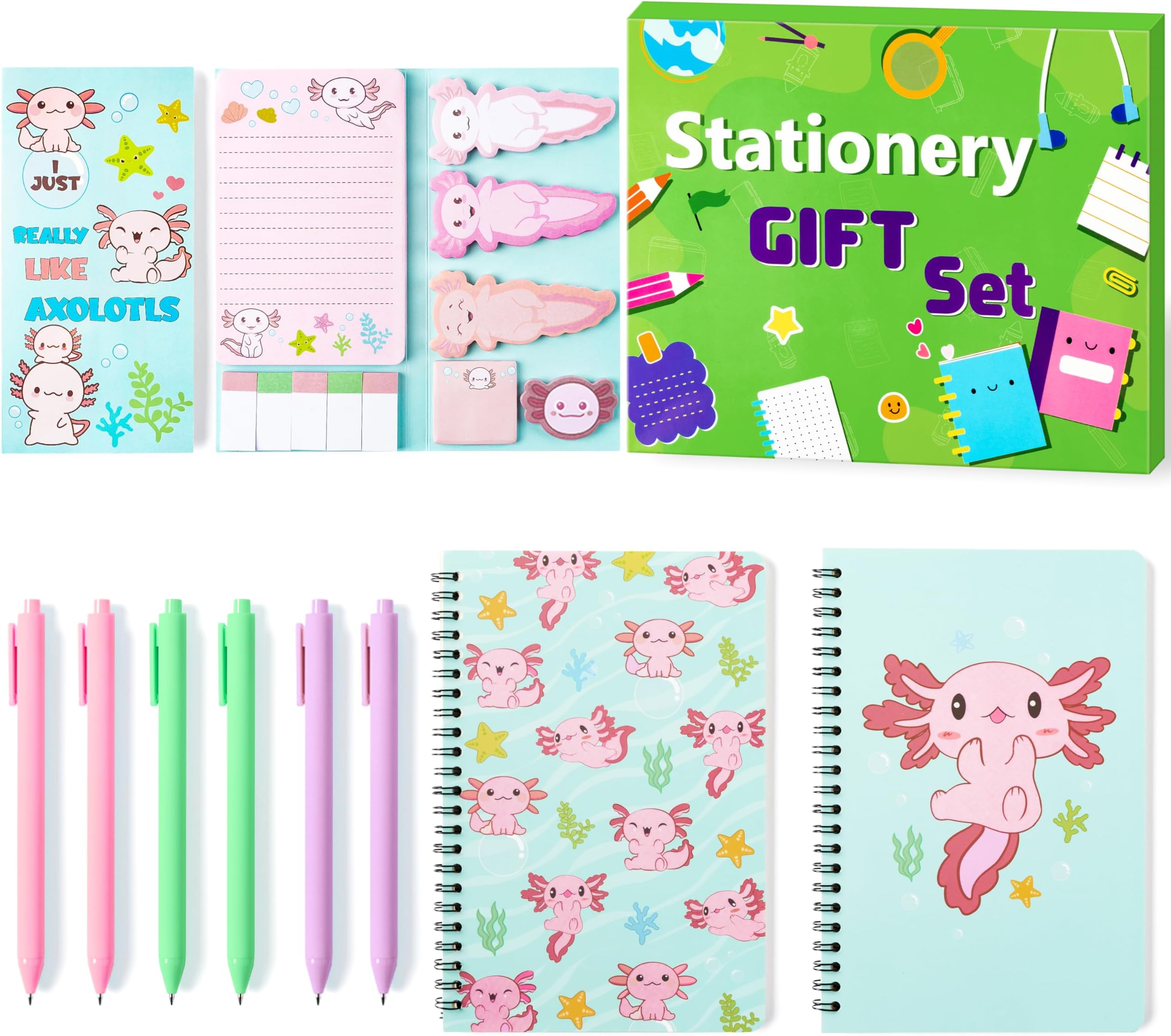 Xqumoi Axolotl Sticky Note A5 Notebooks Pens Stationery Set - Axolotl Self-Stick Notes Pads Spiral Notebooks Black Gel Ballpoint Pens Back to School Office Supplies Teacher Appreciation Gift with Box
