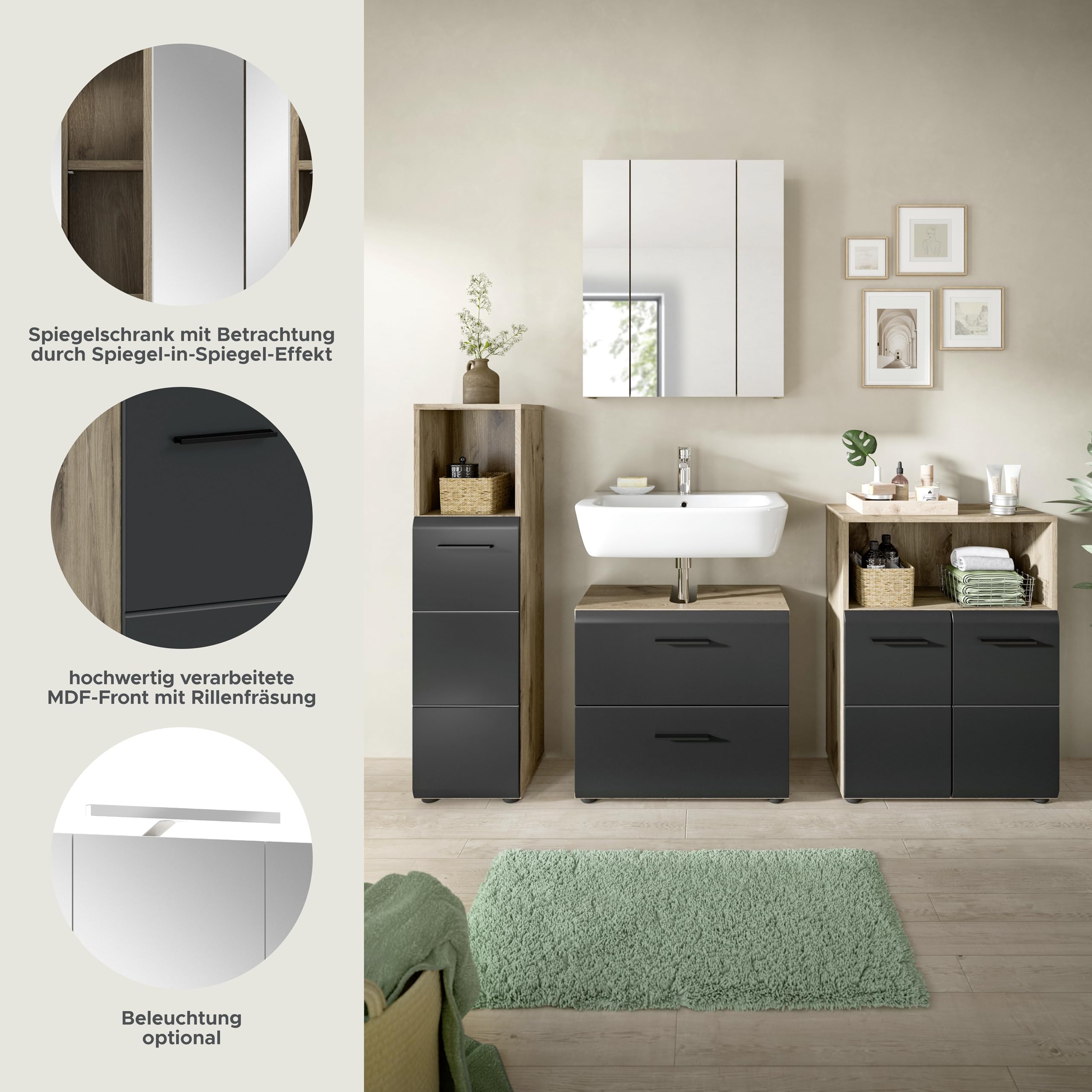 xonox.home – 4 TLG. Badkombination Ice 180x185x30 cm in Korpus Nox Oak Nachbildung und Front schwarz matt – Moderne Badezimmermöbel Kombination – stilvoll – Bild 8
