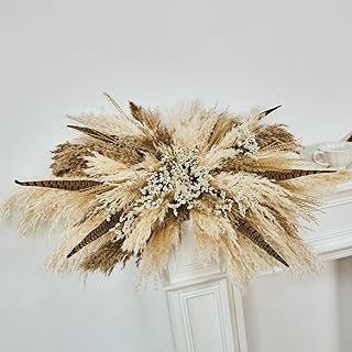 Rustic Boho Wedding Arch Arrangement – Dried Pampas Grass & Eucalyptus Swag for Farmhouse Weddings, Outdoor Events, Valentine’s Day Backdrops & Special Occasions (Feather Twilight)