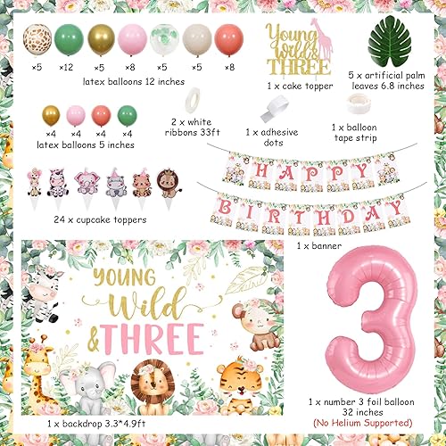 Vista 5 de Decoraciones de cumpleaños Young Wild y Three Birthday Girl – temática de safari en la selva Young Wild y tres telón de fondo para pastel con kit