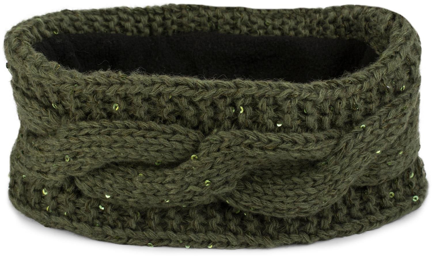 styleBREAKER Women Browband coarse knit with plait pattern and sequins, warm fleece lining, hair band, headband 04026002, color:Olive