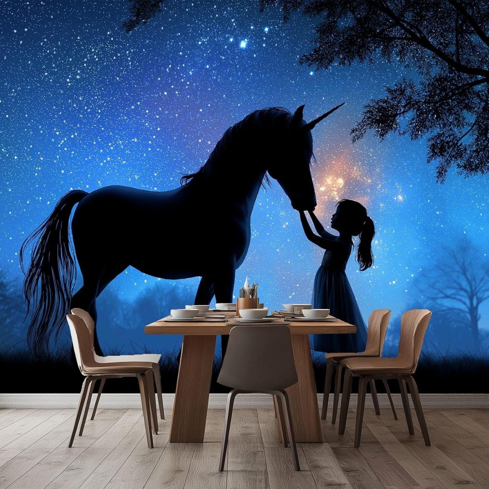 pdghsdkgjh Photo Wallpaper Dreamy Starry Sky, Non-Woven Unicorn Girl wall Decoration for Living Room Sofa TV Background, Blue Modern Decoration, 400cm x 280cm Stickers - Frameless Painting - Poster