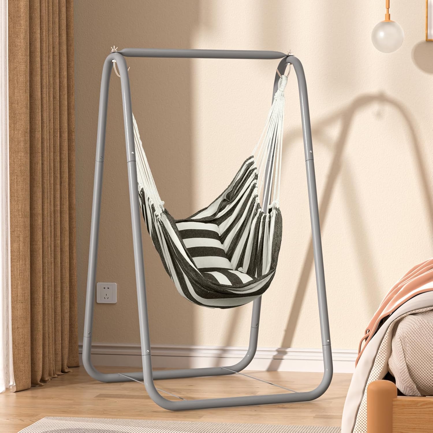 Hammock Chair Stand, Steel Hammock Stand with 2 Hooks Fit for Most Hanging Chairs,Multi-Use Swing Stand for Outdoor Indoor Black