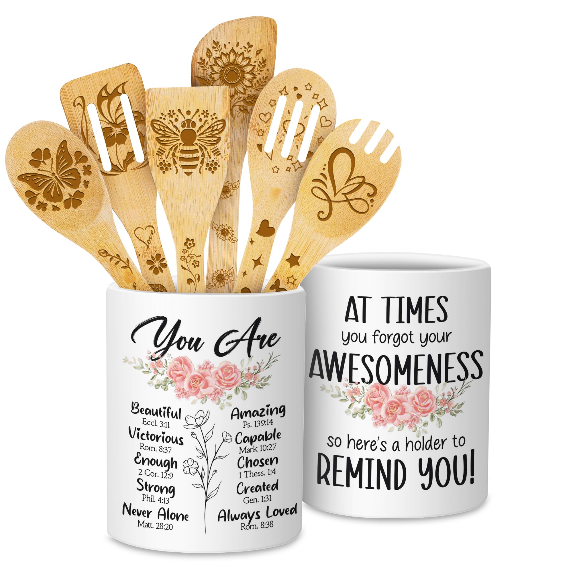 365RUSTIC Mothers Day Gifts for Mom, Christian Cooking Utensils Set for Women, Utensil Holder & 6 Wooden Spoons Cooking Gifts For Mom, Ceramic Holder, Kitchen Gifts For Women