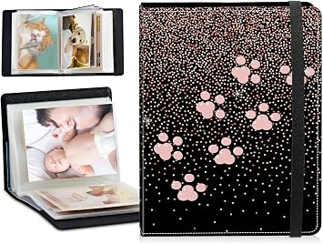 Small Photo Album 4x6 Shows 120 Photos, Pink Dog Paw Glitter Mini Picture Binder Albums Photo Books with 60 Sleeves, PU Leather Photo Protector w/Elastic Band for Family Wedding Baby Pets