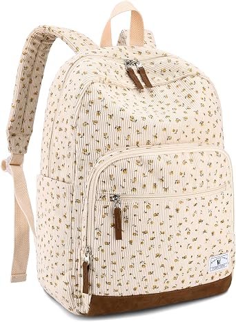 VX VONXURY School Backpack for Girls Floral Corduroy Bookbag for College | 17 Inch School Bag Teens Women, Laptop Sleeve, Mesh Zipper Pocket, Elastic Side Pockets for Middle High School Travel
