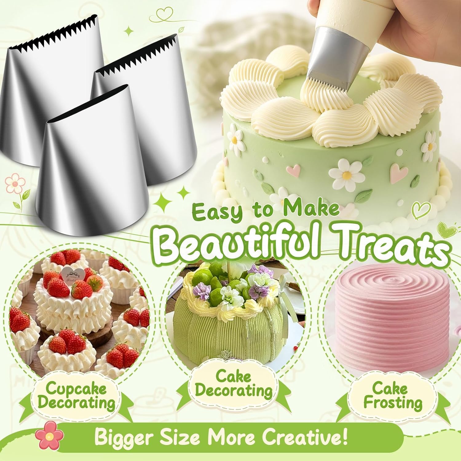 NOVANO Large Piping Tips, 3PCS Set, Stainless Steel Icing Nozzles