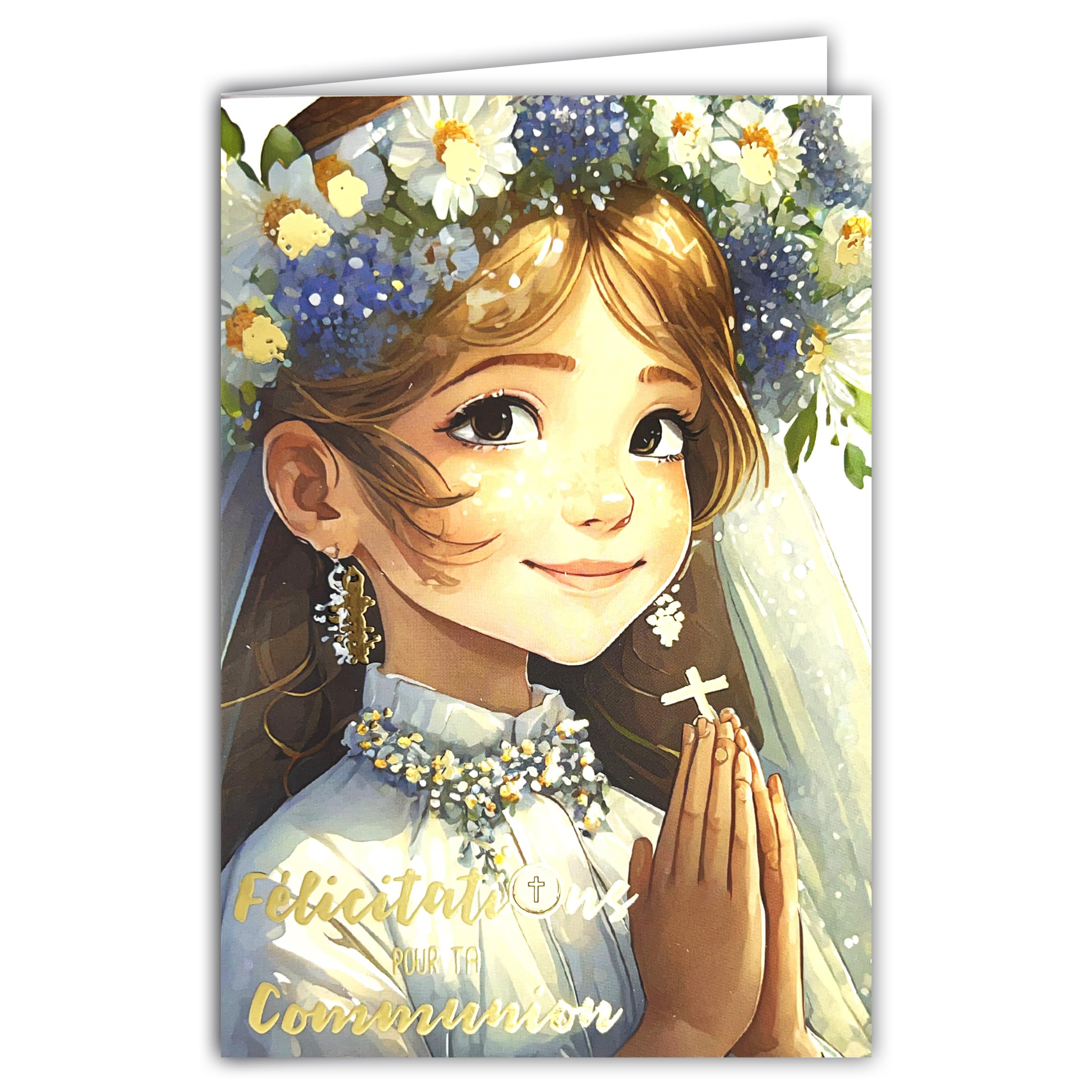 68-6004 Congratulations on Your Communion Card in Shiny Gold with Envelope 12 x 17.5 cm for Young Catholic Christian Girl in White Chasuble Dawn and Flower Wreath Made in France