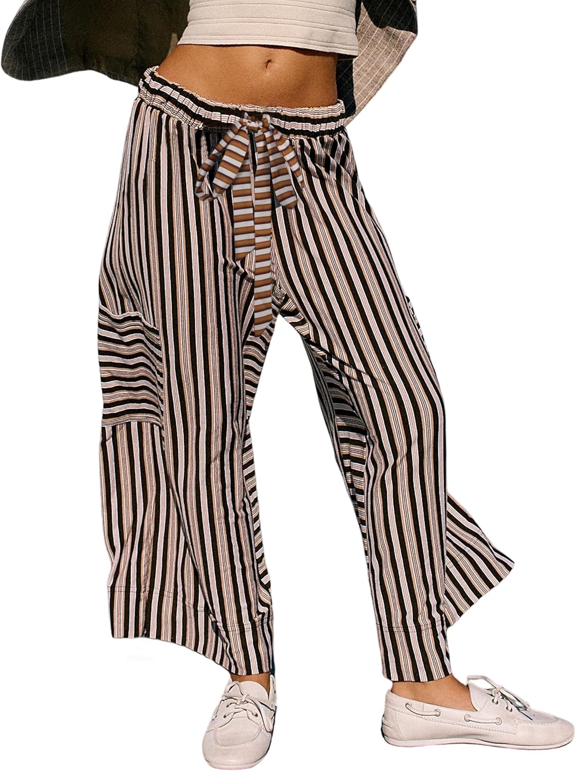 Bankeng Women Drawstring Striped Pants Loose Wide Leg Lounge Pants Casual Palazzo Pants Trousers with Pockets