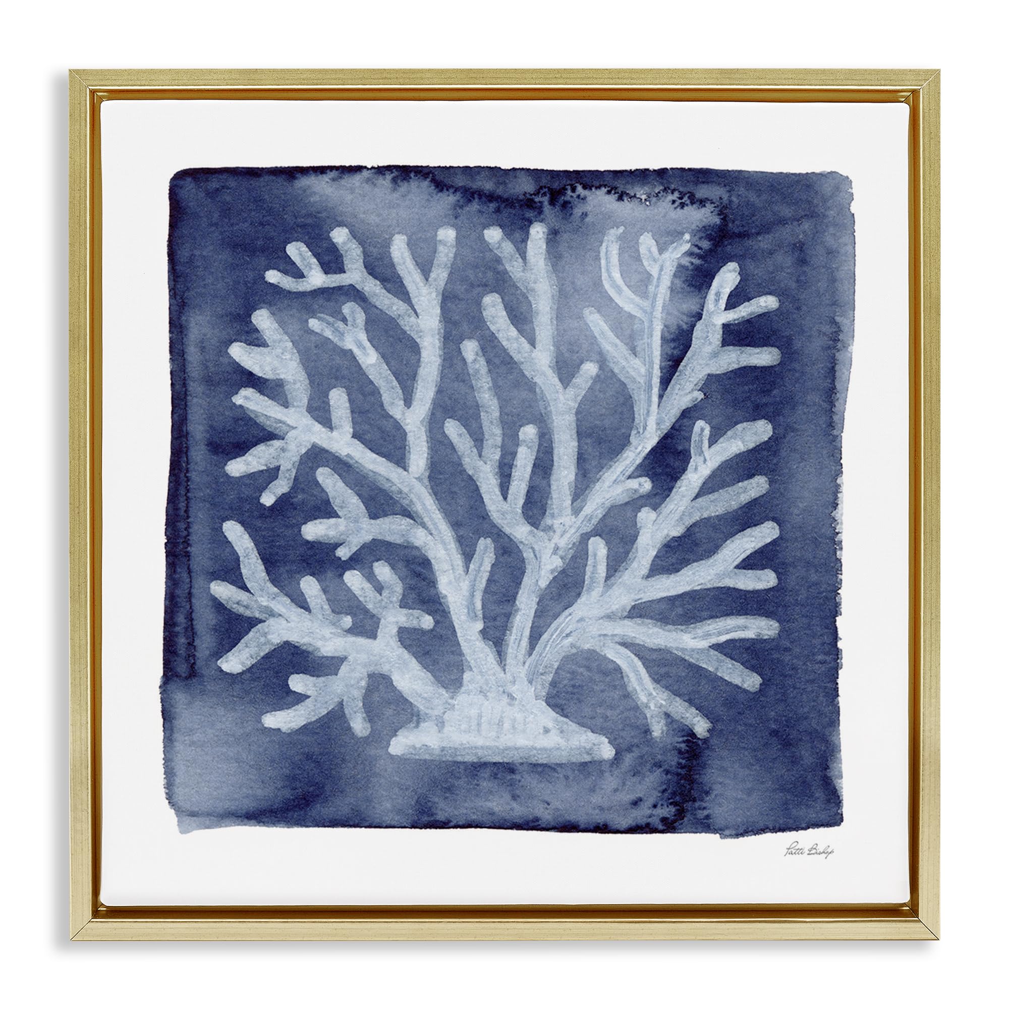 Stupell Industries Metallic Gold (Matte) 'White Coral On Indigo'| Floating Frame Canvas Art