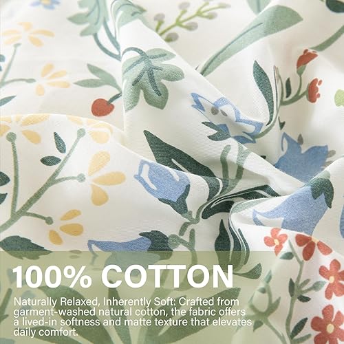 Miniatura 5 de Juego de edredón floral verde, tamaño King, edredón 100% algodón, 3 piezas, suave, ligero, reversible, retro, floral, para todas las estaciones