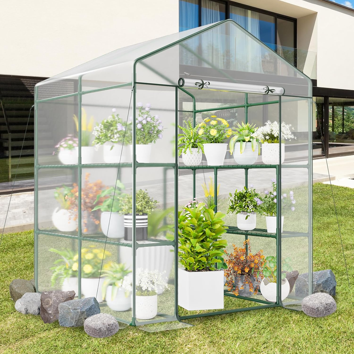 Happygrill Greenhouse, Portable Greenhouses for Outdoors w/8 Shelves, Roll-Up Zippered Door, 2 Observation Windows & 2 Tiers, Weather-Proof PE Cover, Wind Rope (Transparent, 55” x 57” x 77”)
