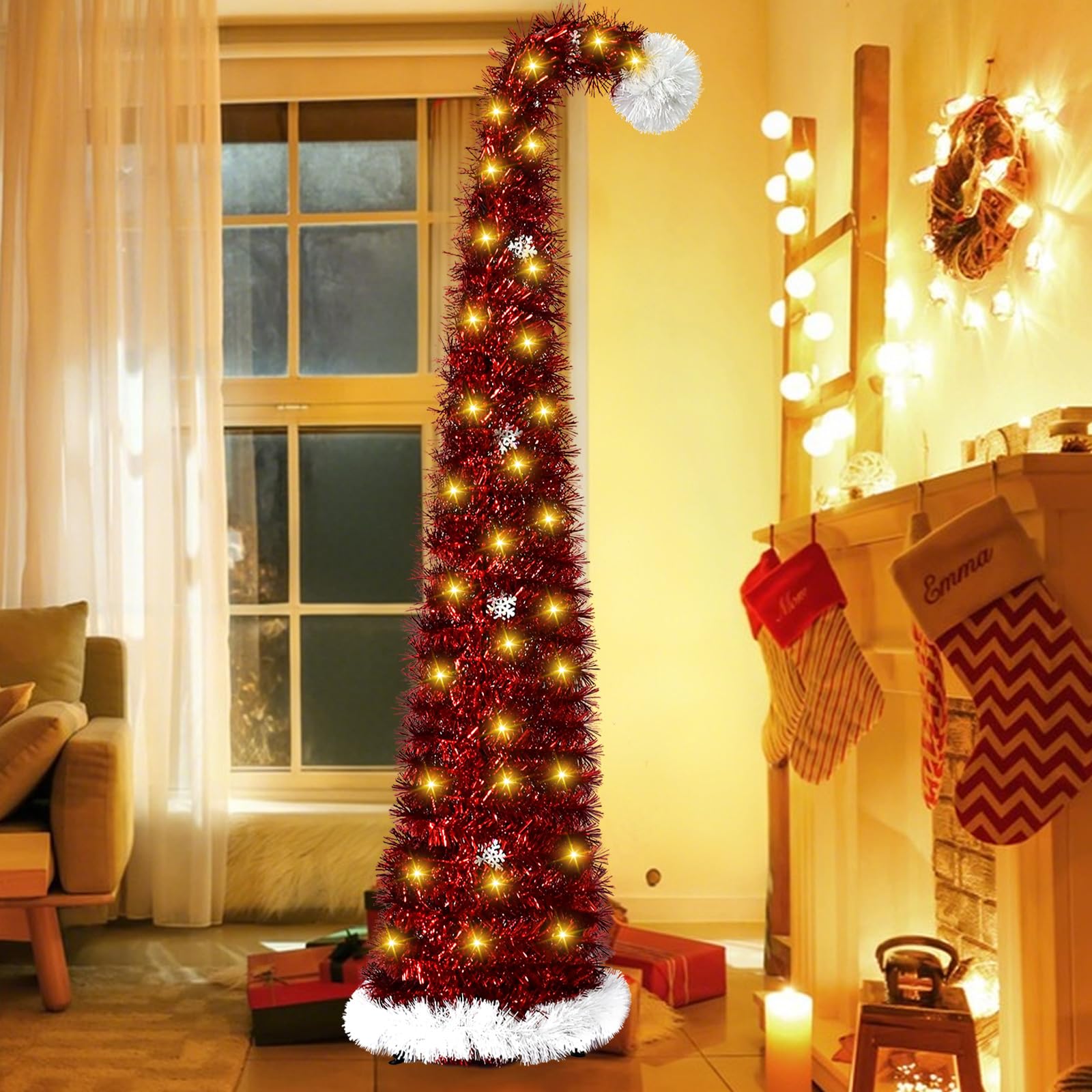 Árbol de Navidad artificial de 150 cm con iluminación 5M 50 LEDs, árbol de Navidad plegable tipo pop up, decoración navideña de abeto para el hogar, cocina, interior, exterior