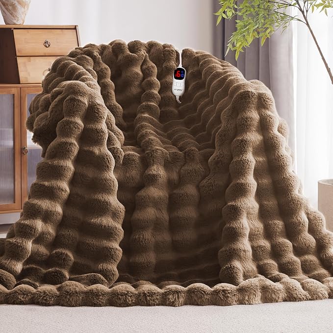 Anysay Heated Blanket Throw with 1/2/4/6/8 Hours Auto-Off 10 Heat Level, 50'' * 60'' Cozy Faux Rabbit Fur Bubble Electric Blanket with Overheat Protection(Beige)