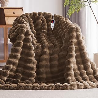 Heated Blanket Throw with 1/2/4/6/8 Hours Auto-Off 10 Heat Level, 50'' * 60'' Cozy Faux Rabbit Fur Bubble Electric Blanket with Overheat Protection(Brown)
