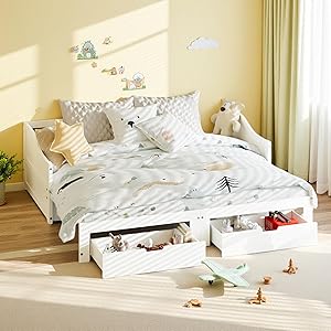 Cama de sofá de 2 plazas convertible, 90/180 x 200 cm, sofá cama extensible con cajón de almacenamiento, banco de camas infantiles de madera maciza multifuncional con somier de láminas, sin