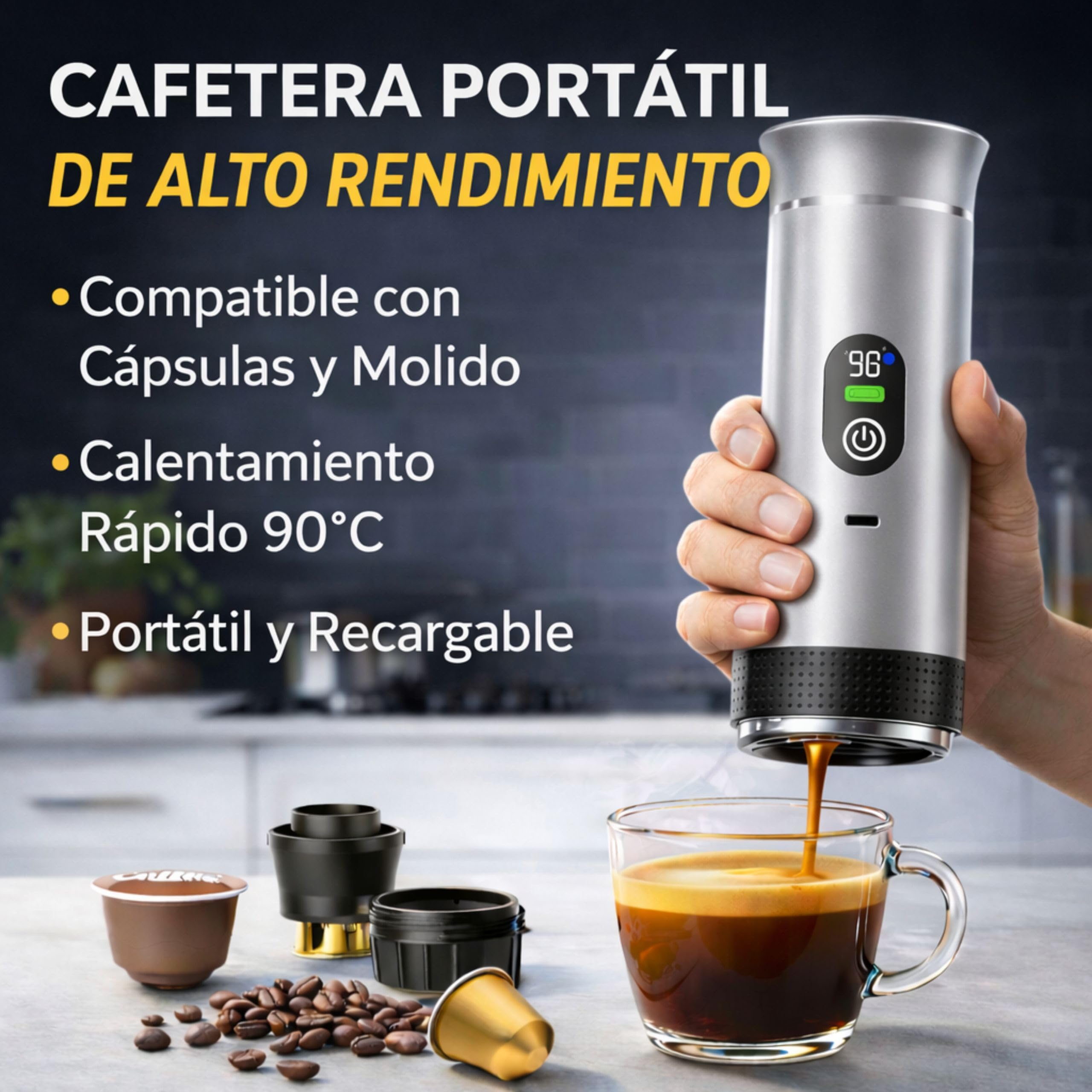 Cafetera Portatil Capsulas compatible con Nespresso Dolce Gusto y Café Molido - Versión Mejorada 2026 - Coffe Machine - Maquina de Cafe Portátil Cápsulas Universal Con Pantalla LED y Más Capacidad