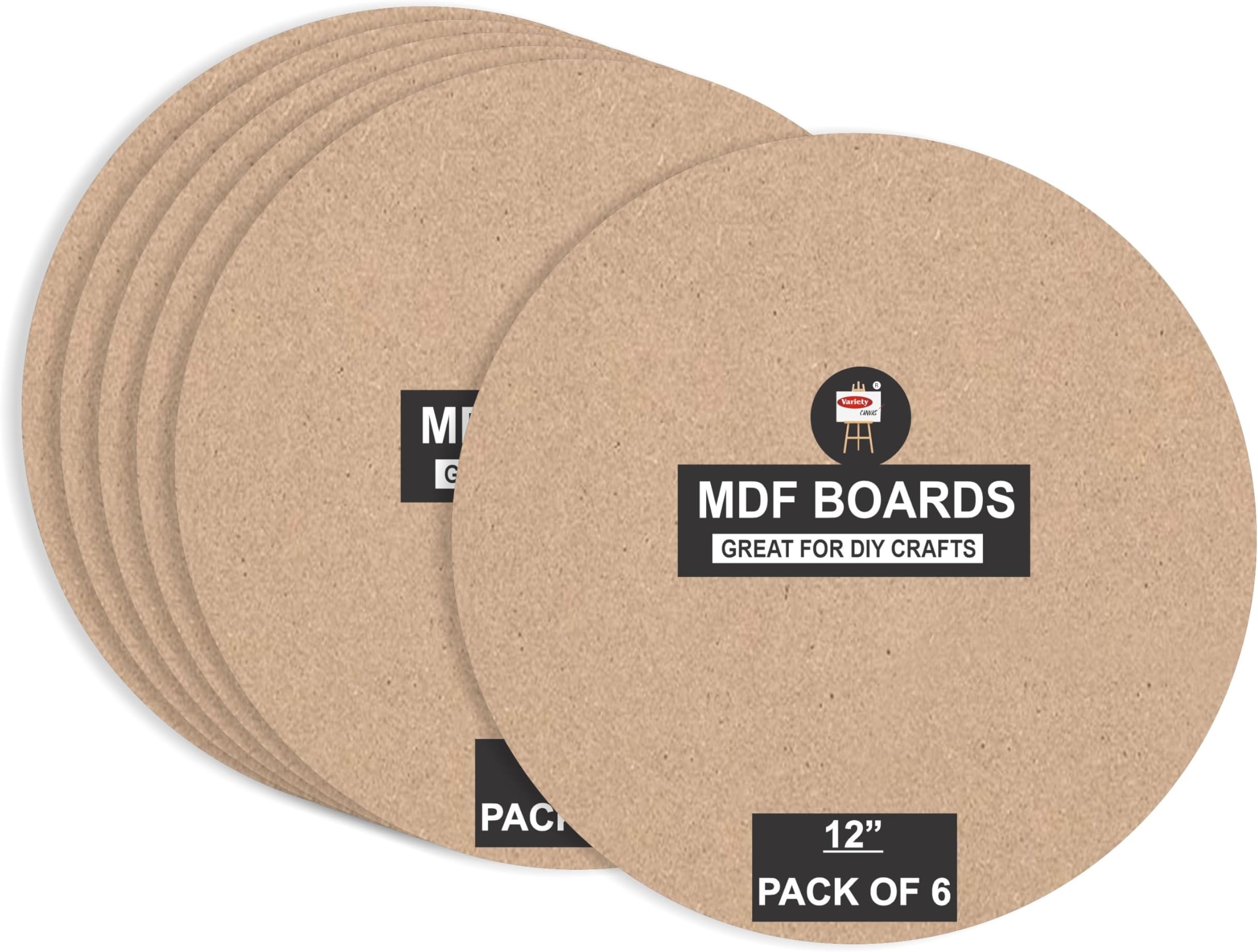 Variety Canvas 6 Piece MDF Round Boards for Art and Craft, Wood Sheets for Craft Work, DIY Cutouts (12 x 12 Inch)