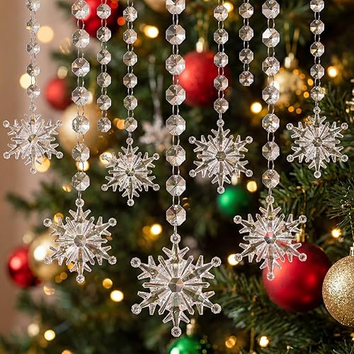 21 piezas de adornos acrílicos de copo de nieve de Navidad con cadena de guirnalda de cuentas octágonas, colgante de árbol de Navidad transparente