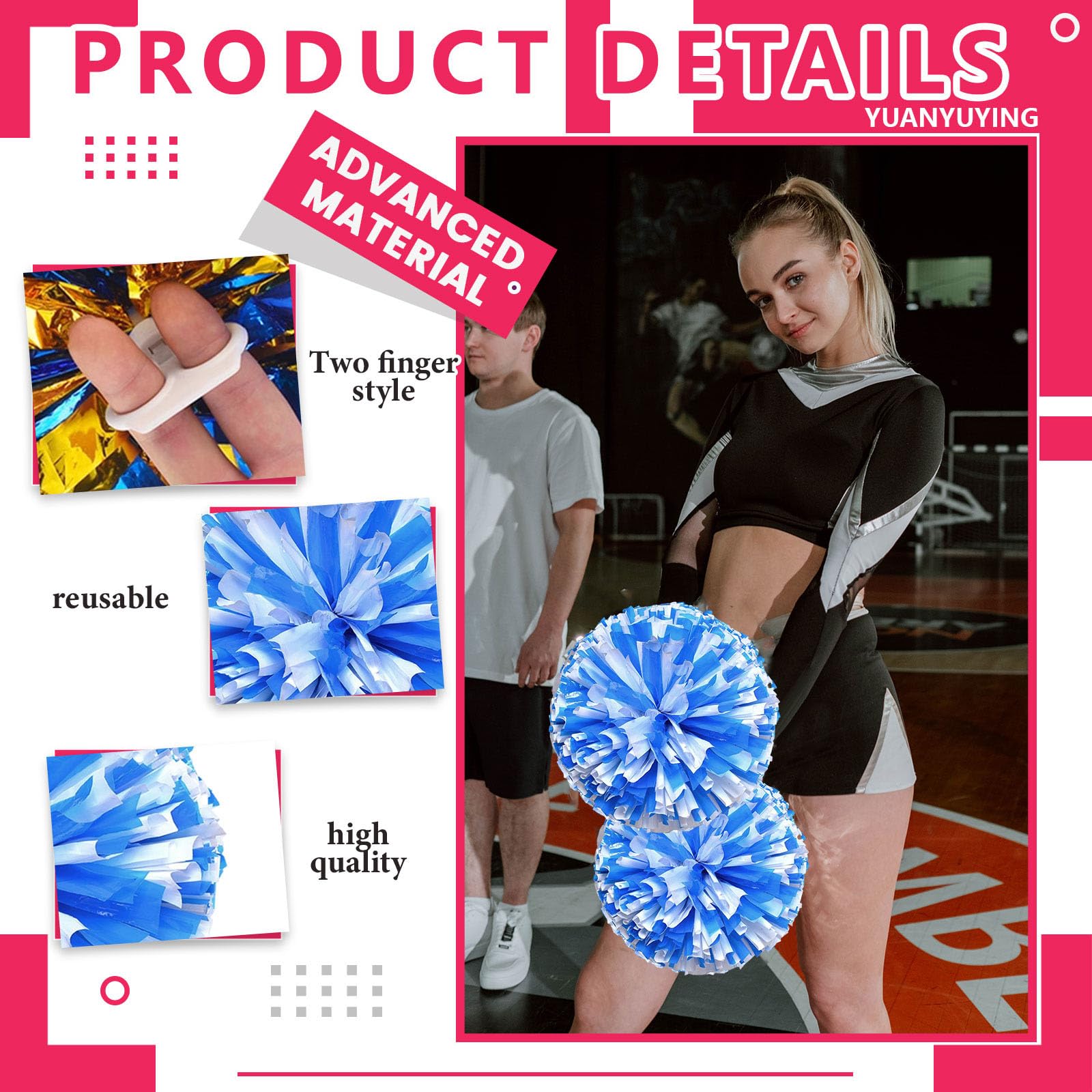 Pompony cheerleaderek, 34,7 cm, ręczne pompony drużyny cheerleaderek, do drużyny sportowej, gry ducha, na imprezę taneczną dla dorosłych, niebieskie + białe, 24 szt
