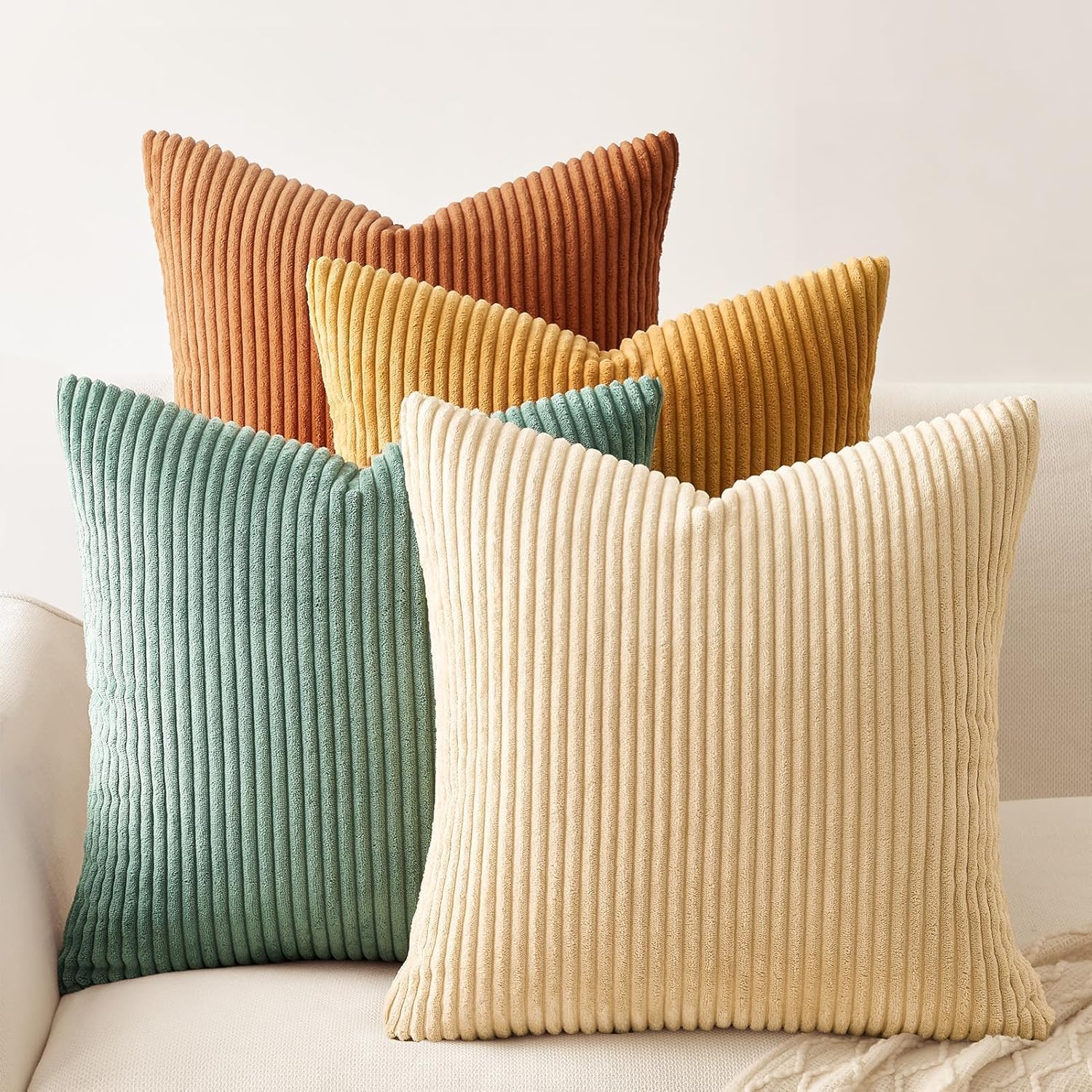 Cogavoo Set of 4 Corduroy Soft Striped Cushion Covers 45x45 cm ,Boho Decorative Square Throw Pillow Covers 18x18 Inch with Invisible Zipper for Sofa Couch Bedroom Decorative Fluffy Large Pillowcases