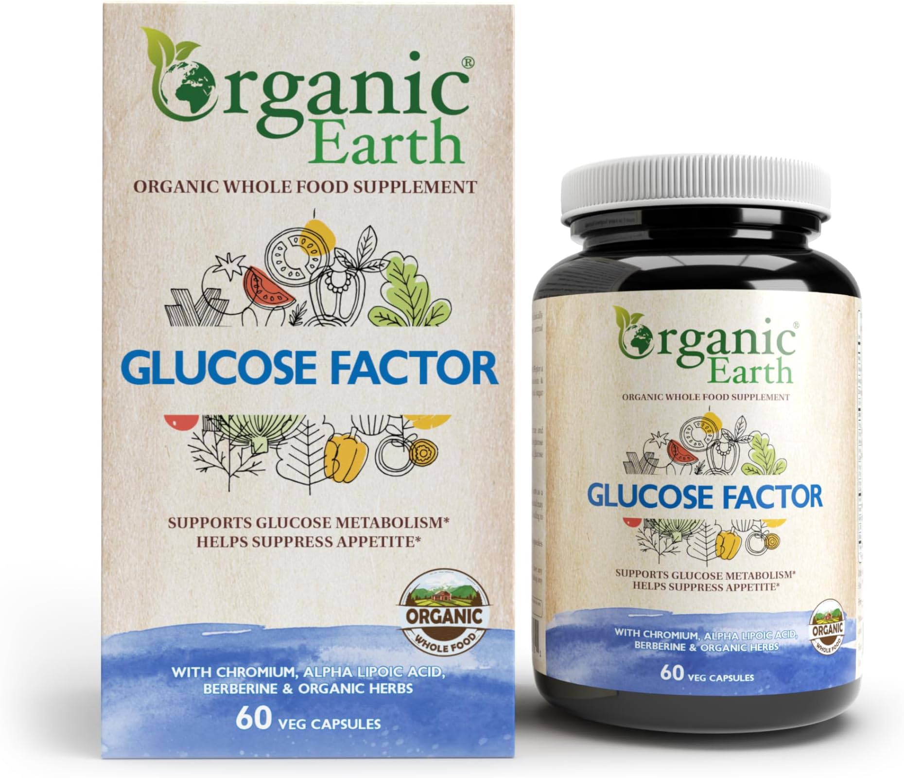 Organic Earth Glucose Factor | To Support Metabolism | Helps Support Appetite | With Chromium, Alpha Lipoic Acid, Berberine & Organic Herbs | 60 Veg Capsules