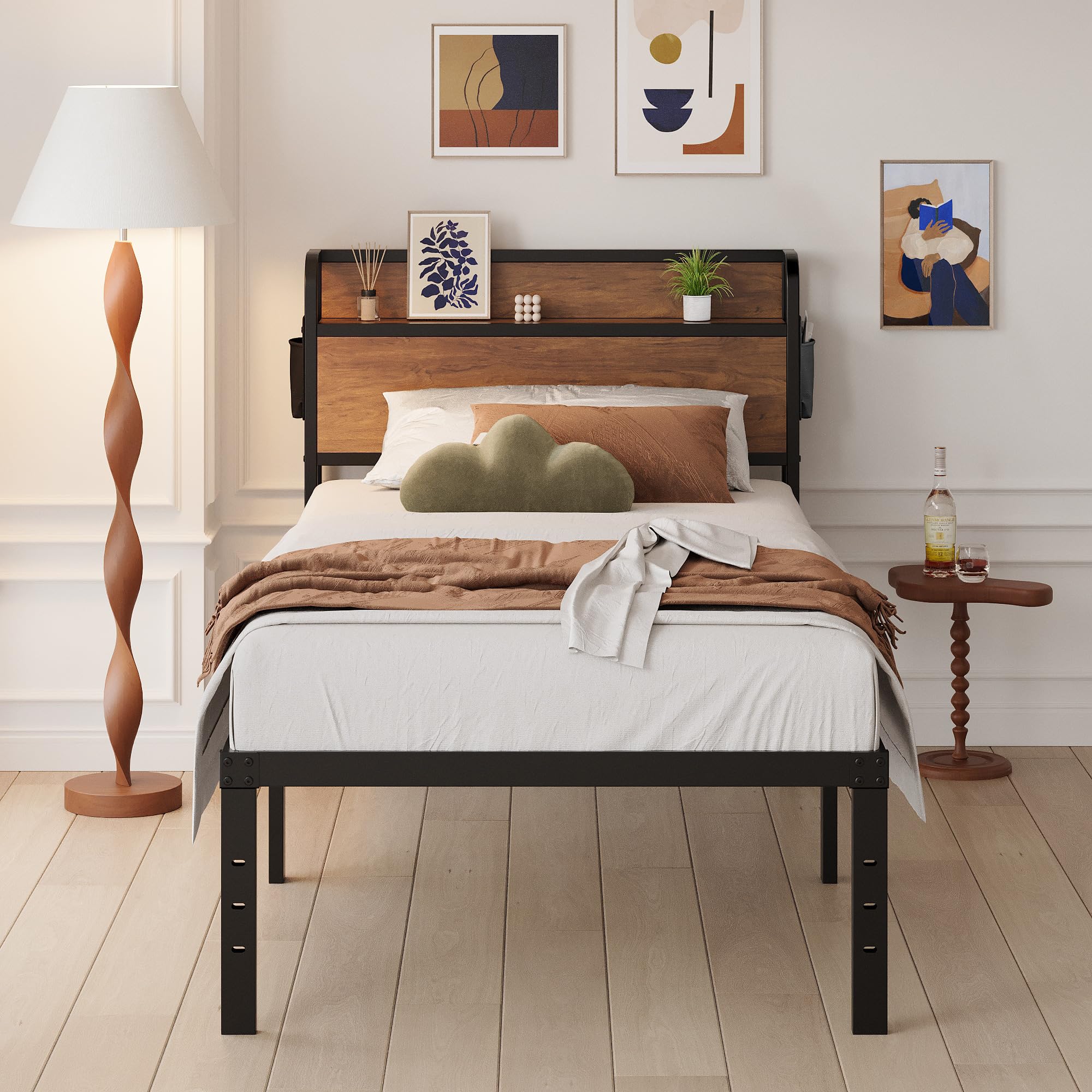 Maenizi 16 Inch Twin XL Bed Frames with Wood Headboard, Storage Bed Frame Twin XL No Box Spring Needed, Noise Free, Mahogany