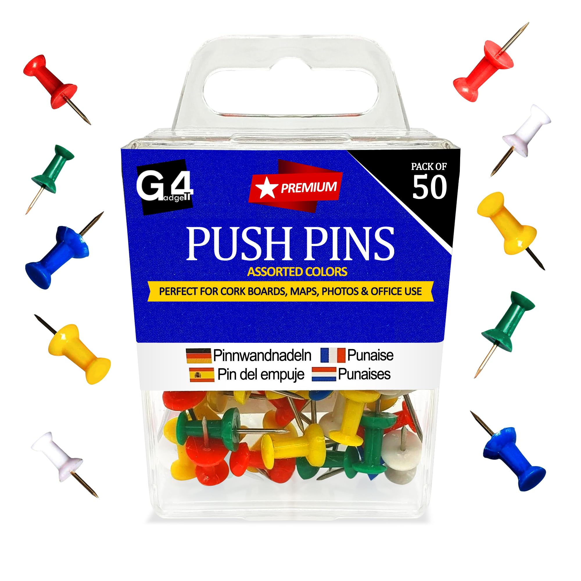 G4GADGET Push Pins Assorted 50 Pack – Colourful Thumb Tacks, Drawing Pins for Cork Board, Notice Board, Map Marking, Home Office School Use