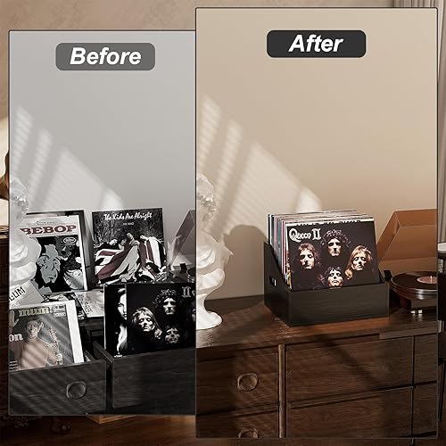 Miniatura 6 de Paquete de 2 cajas de almacenamiento de discos de vinilo de madera, caja de vinilo retro y duradera, caja de almacenamiento de discos para más de 60