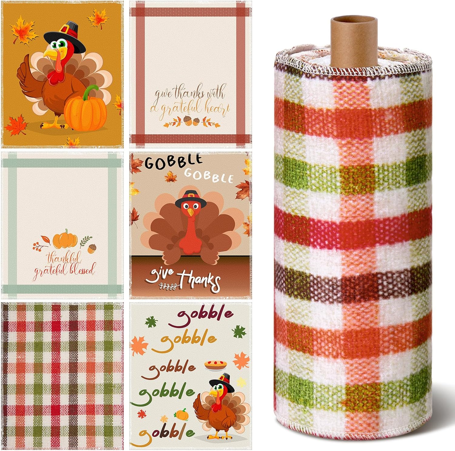 36 Pcs Thanksgiving Reusable Paper Towels Rolls Washable Bulk Thanksgiving Pumpkin Turkey Kitchen Towels Paperless Reusable Cloth Cotton Napkins with Cardboard for Kitchen Bathroom