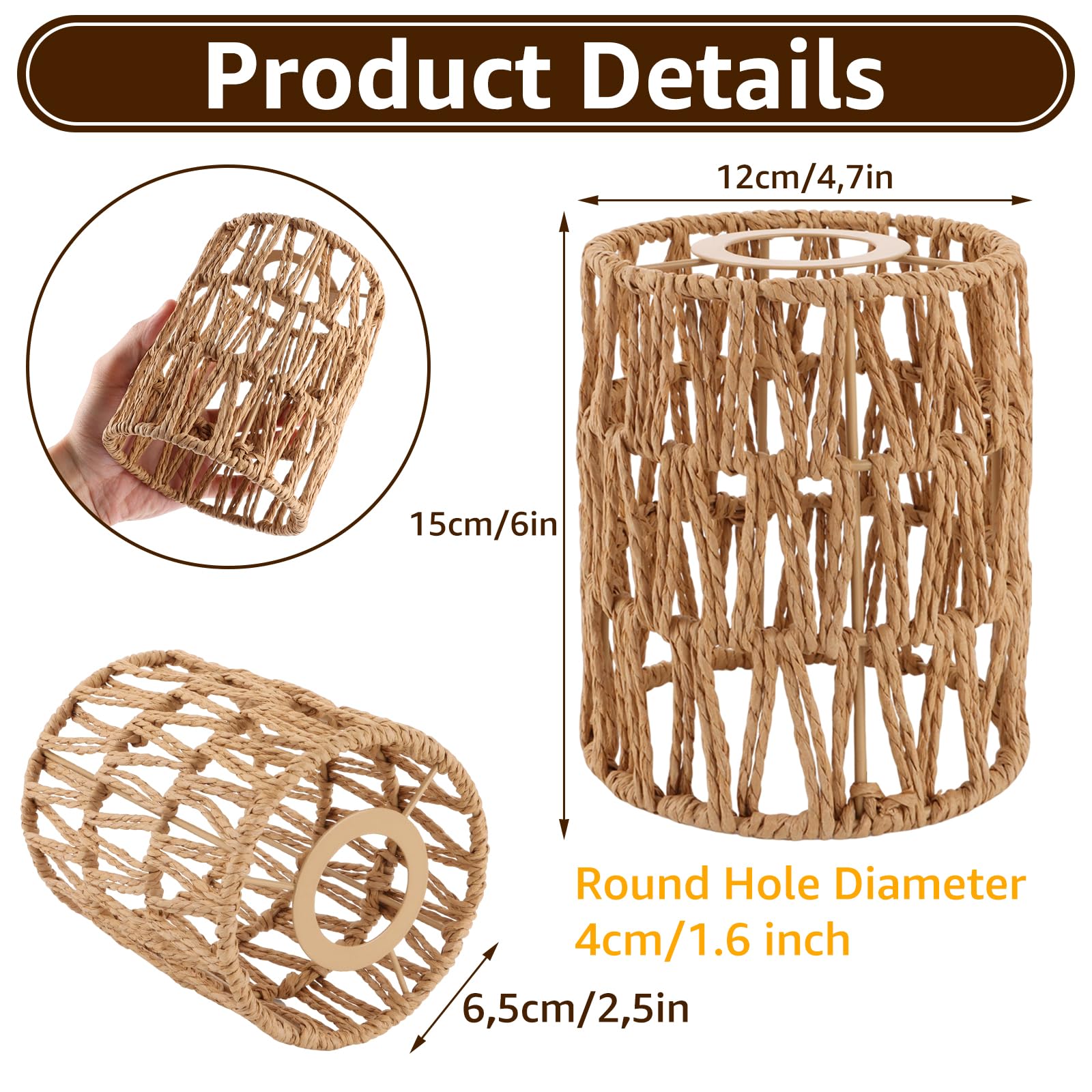 AKOLAFE 6 Stück Lampenschirm Hängelampe Boho 12x12x15cm Lampenschirm Rattan Papierlampenschirm Ersatzschirm Zubehör für Stehlampe, Tischlampe, Pendelleuchten, Hängelampenschirme