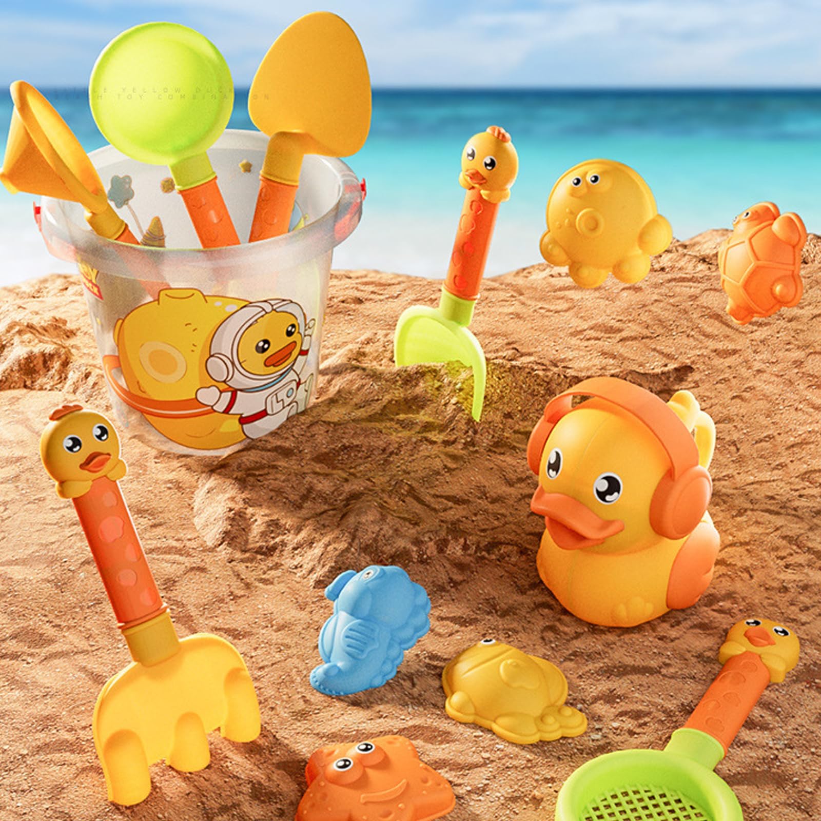 14Pcs Beach Toys Set for Kids Play Sand Toys for Toddlers Boys Girls Cute Yellow Duck Outdoor Fun Sand Tools with Bucket and Spade Watering Cans Shovels - Image 2
