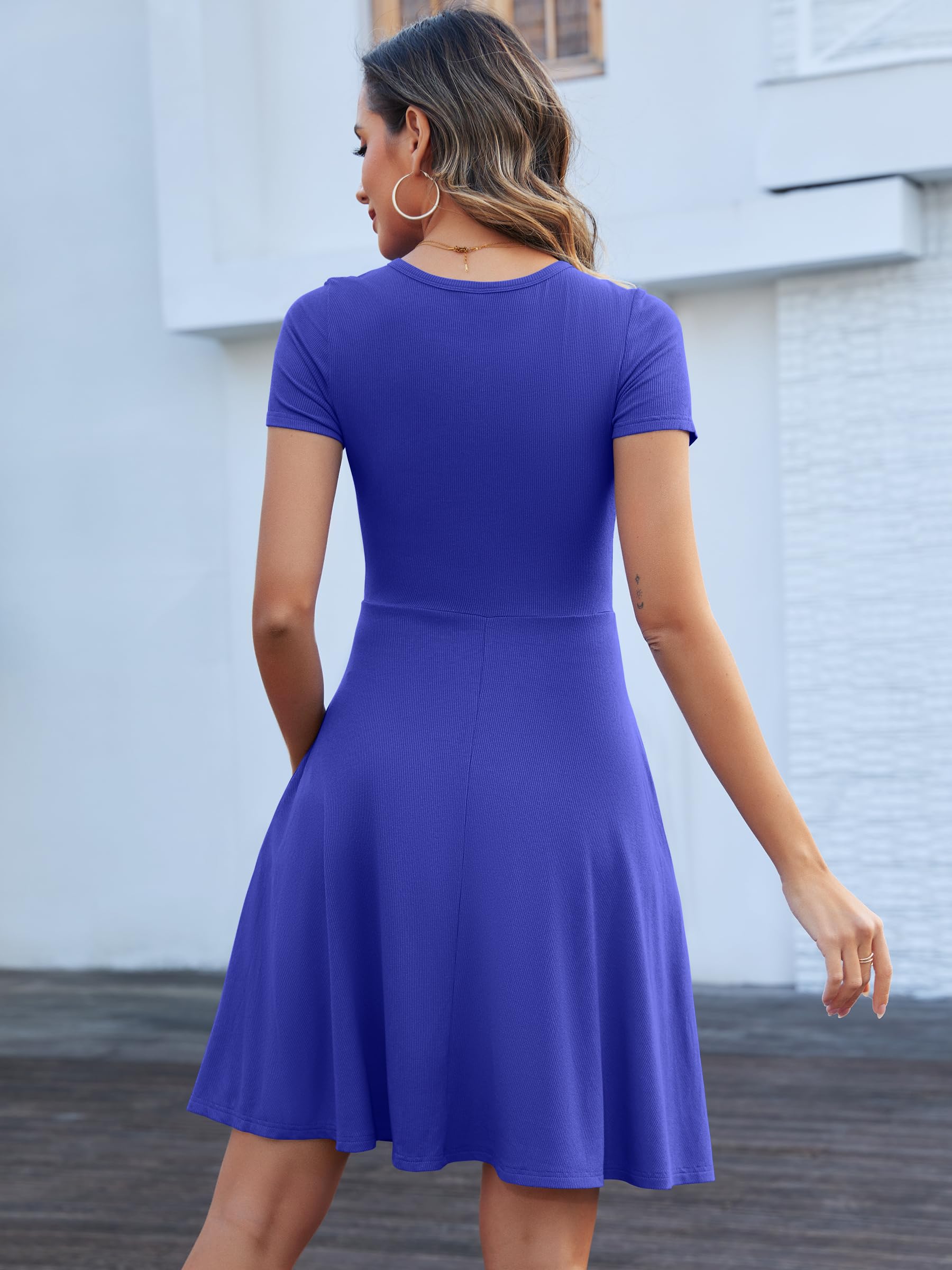 ANRABESS Women Summer Short Sleeve Ribbed Knit Fit & Flare A-Line Flowy Business Casual Work Basic Mini Dress with Pockets Army Green Small: Blue Medium