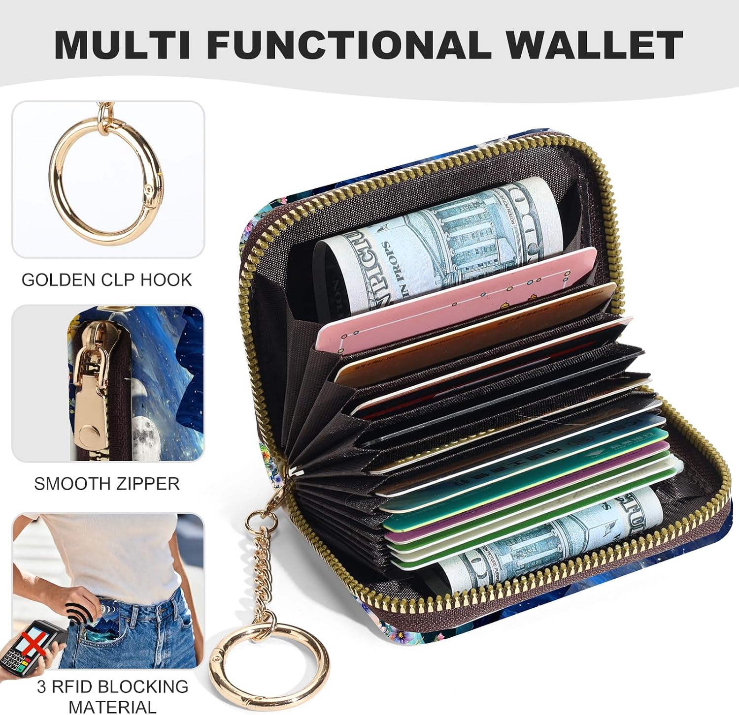 Credit Card Holder for Women,Small Rfid Wallet with Keychain Zipper,Cute PU Leather Card Case Wallet，Accordion Credit Card Wallets Gift,Moon Mountains image 2