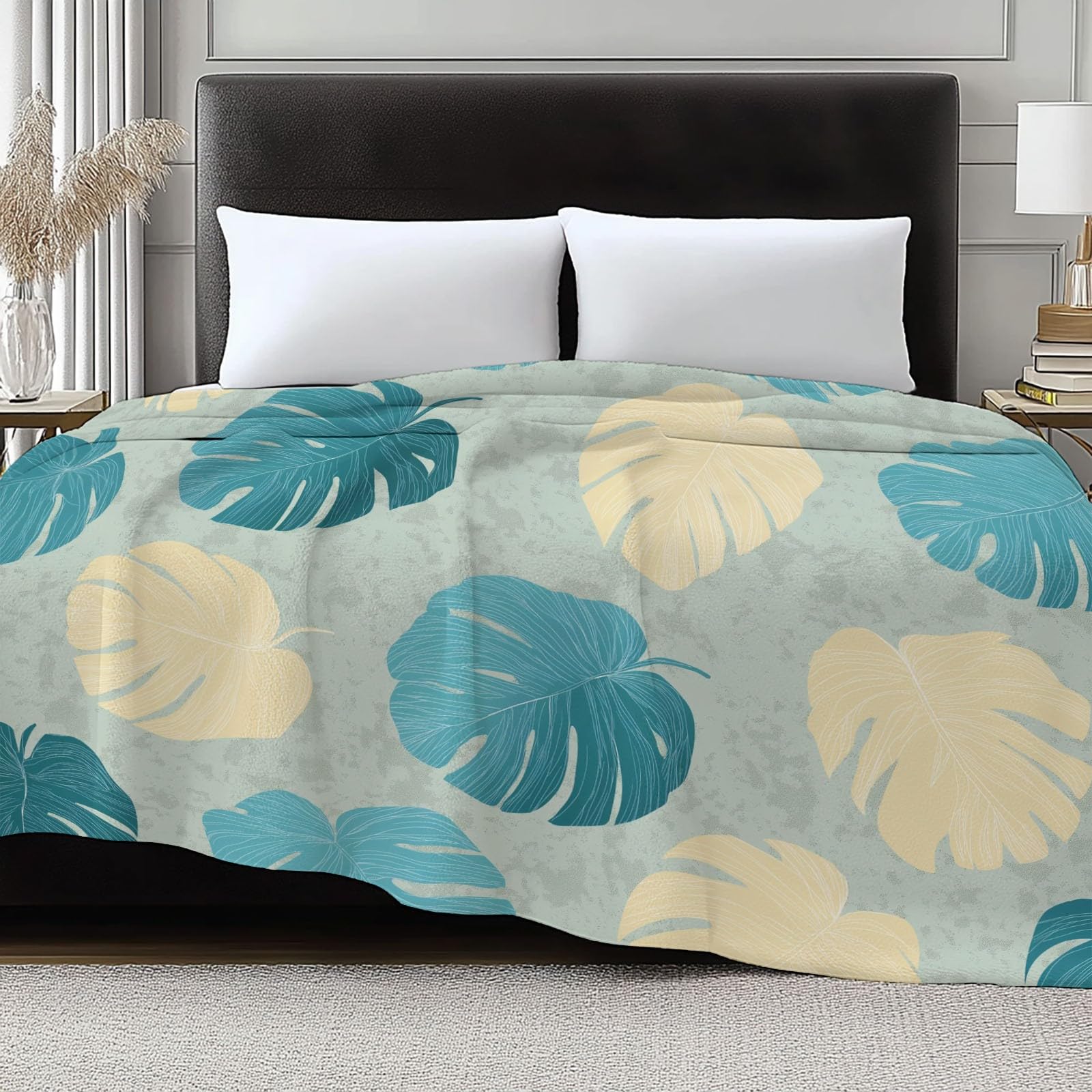 Vintage Monstera Flanelowy Koc Polarowy Liść Tekstura Krata, Narzuta na sofę Wygodny Dwuosobowy Koc na łóżko Zimowy pled 220 x 240 cm Kremowy
