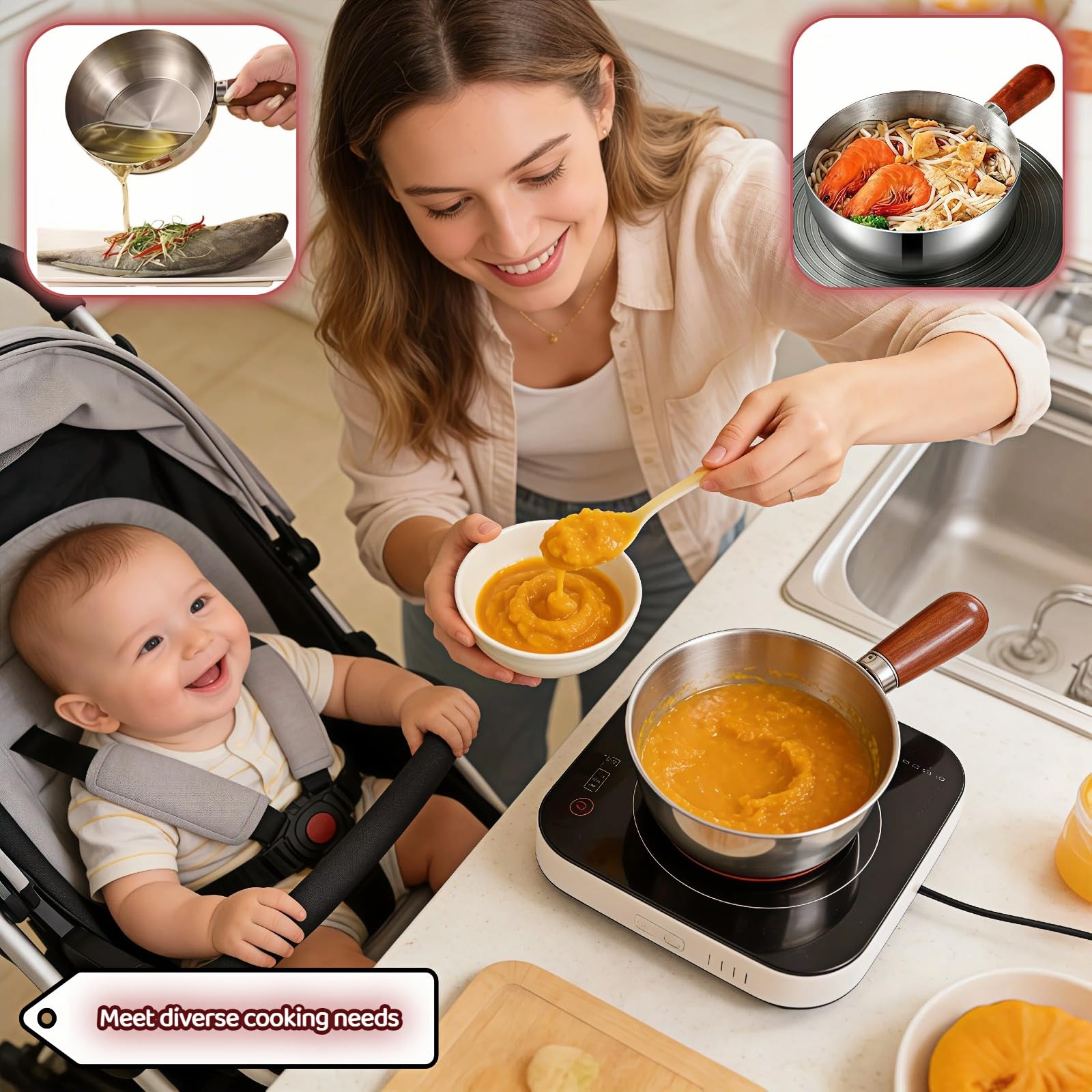 800ml/27oz Wood Handle Saucepan - 316 Stainless Steel, Multi-Use Induction Compatible Pan for Milk, Soup, Oatmeal, Camping & Small Kitchen — Amazon image 5