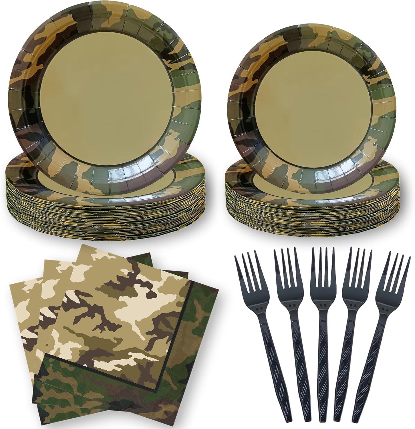 oneBest Camo Plates and Napkins (100 PCS) – Army Camouflage Paper Plates & Napkins | Soldier, Military & Army Themed Party Supplies for Birthday, Camping, Hunting