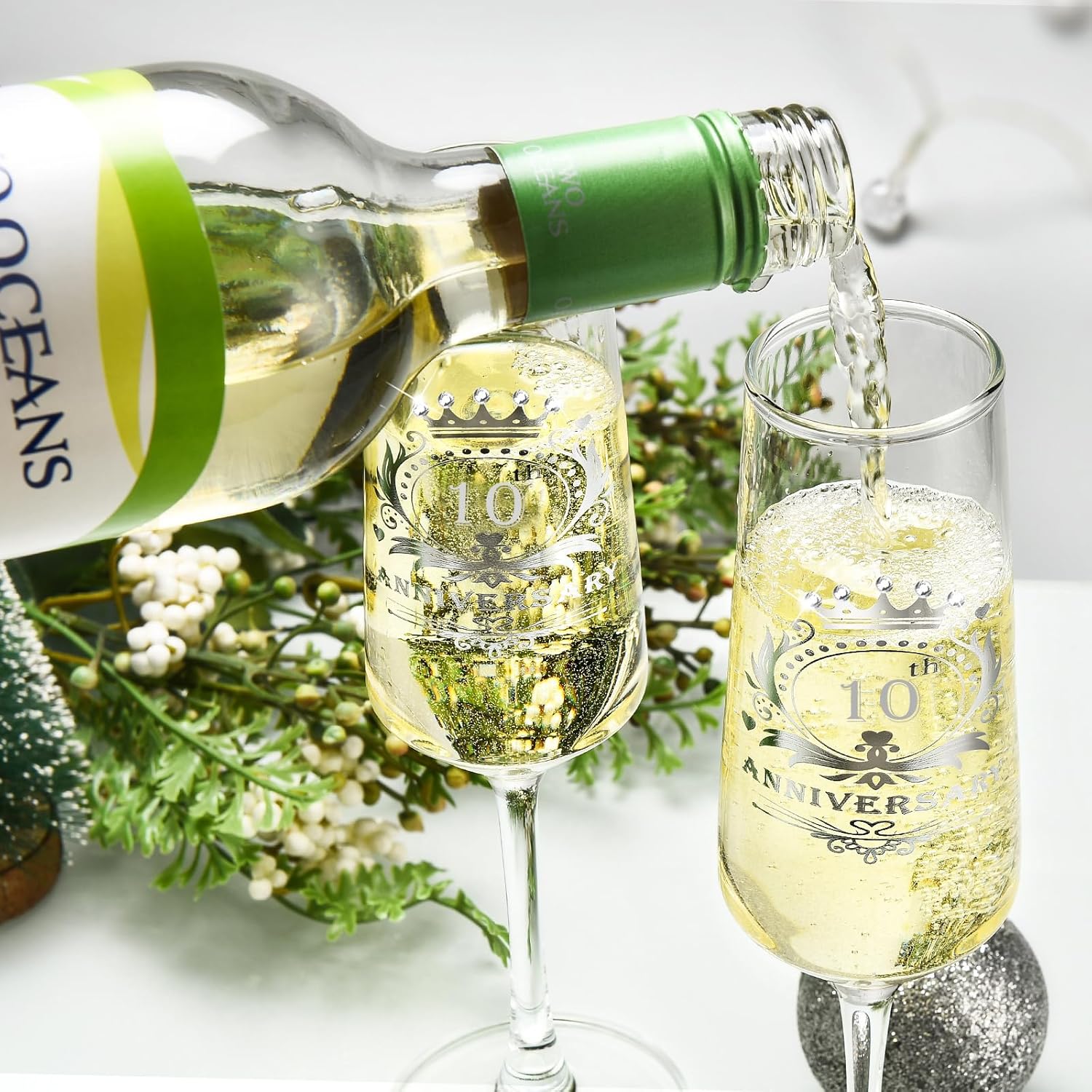 ROXBURGH 10th Wedding Anniversary Champagne Flutes Gifts Set of 2 Rhinestones Studded, 10th Anniversary Decorations 7 OZ Crystal Champagne Glasses, Wedding Gifts, Couples - Image 5