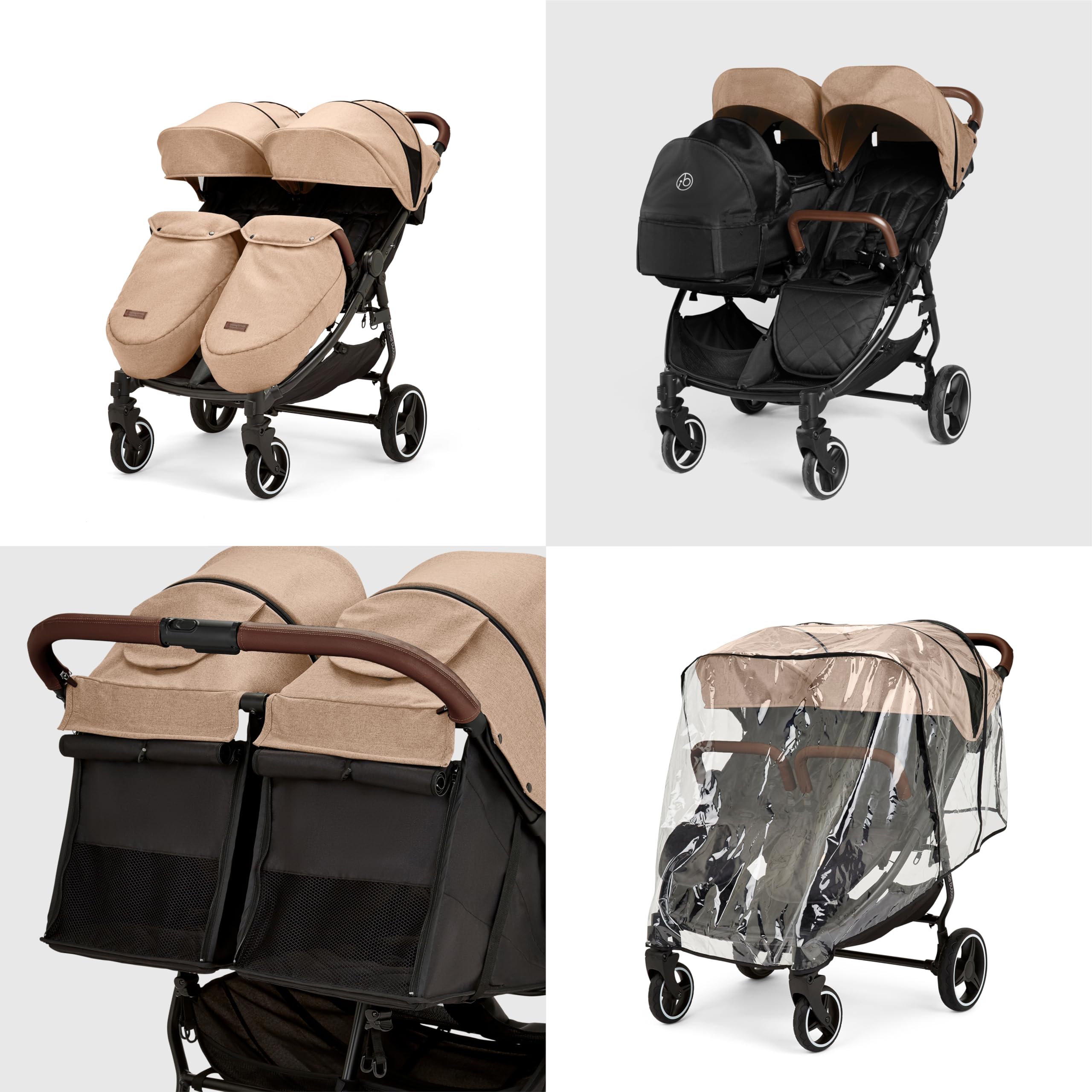 Ickle Bubba Venus Prime Doppelkinderwagen, leichter faltbarer Zwillingskinderwagen von Geburt bis 15 kg, mit Neugeborenenkokon, 2 Fußwärmern und Regenschutz