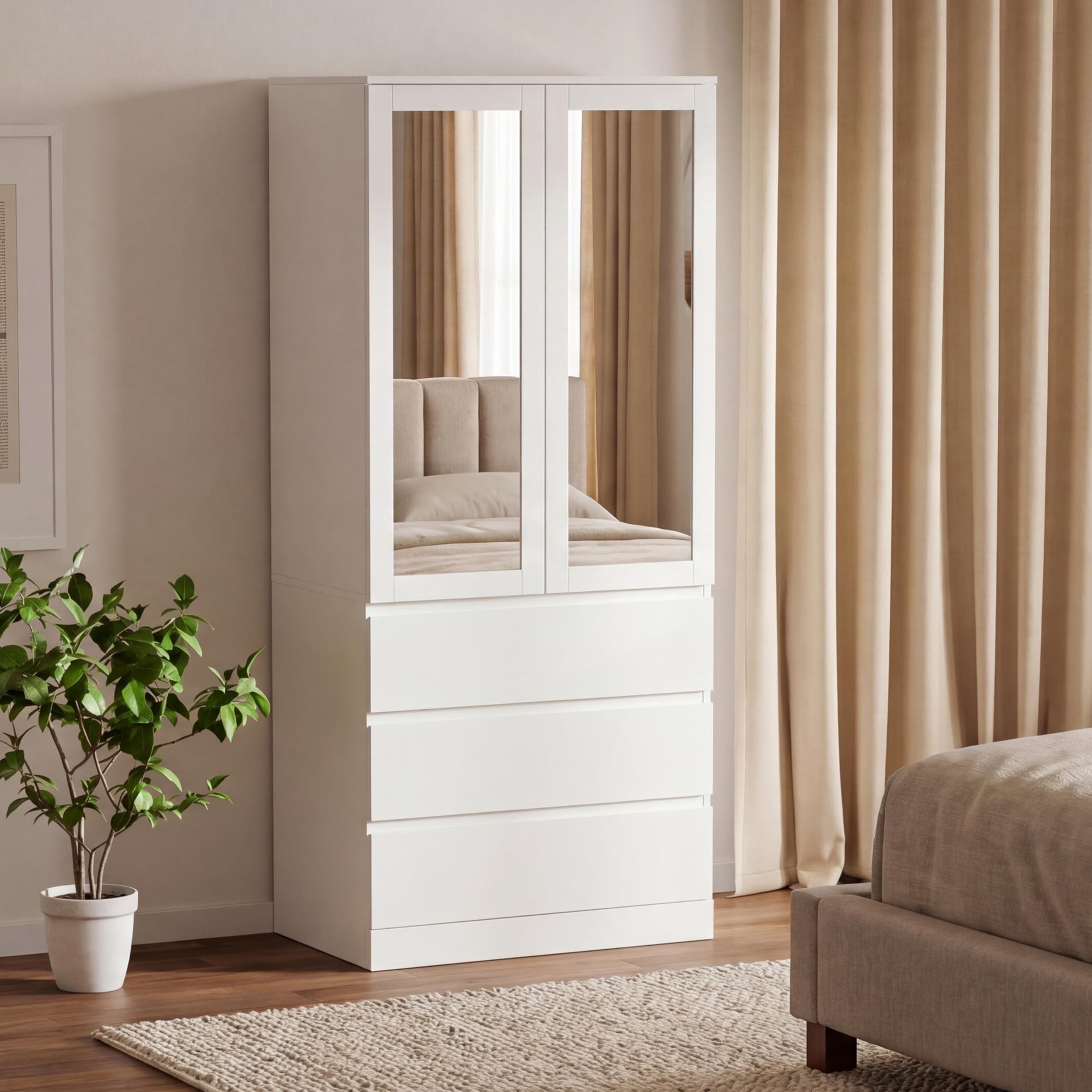 Vida Designs Denver 2 Door 3 Drawer Mirrored Wardrobe | White | 175H x 77W x 54D cm | Modern Bedroom Furniture | With Spacious Drawers & Hanging Rail | Large Capacity Storage