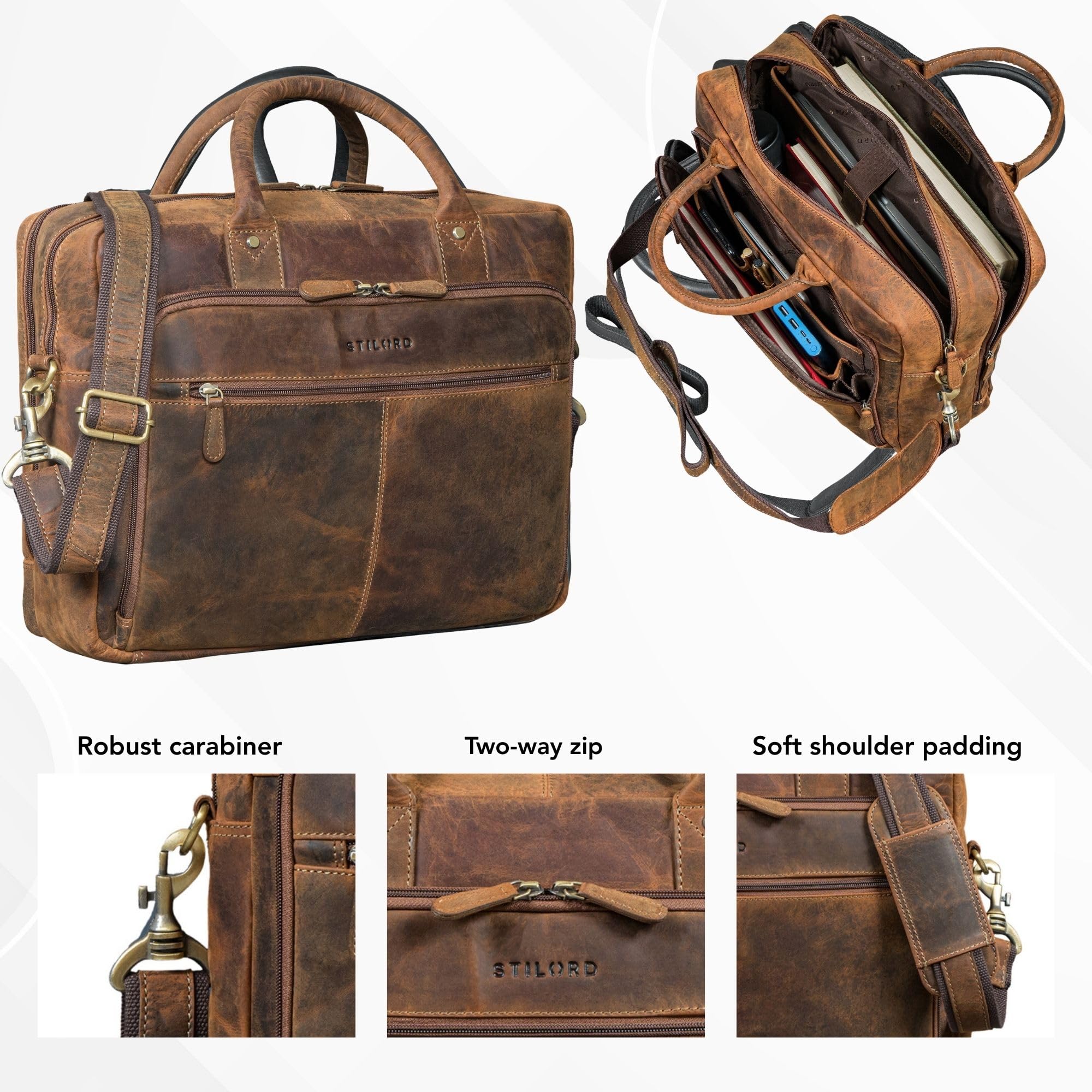 STILORD "Jerome Aktentasche Leder Herren Schwarz Businesstasche mit Laptopfach 15,6 Zoll Laptoptasche Echtleder Arbeitstasche Männer Bürotasche Ledertasche Lehrertasche