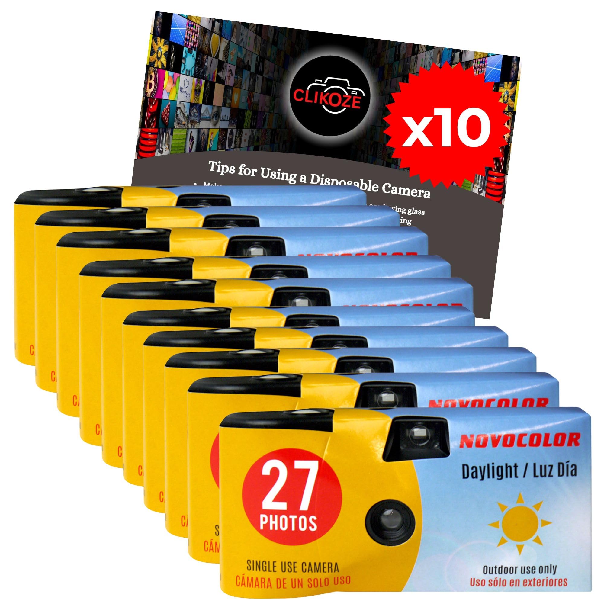 Paquete de cámara desechable con cámara Novocolor Daylight de un solo uso, 27 exposiciones y tarjeta de consejos de fotografía Clikoze 10 unidades