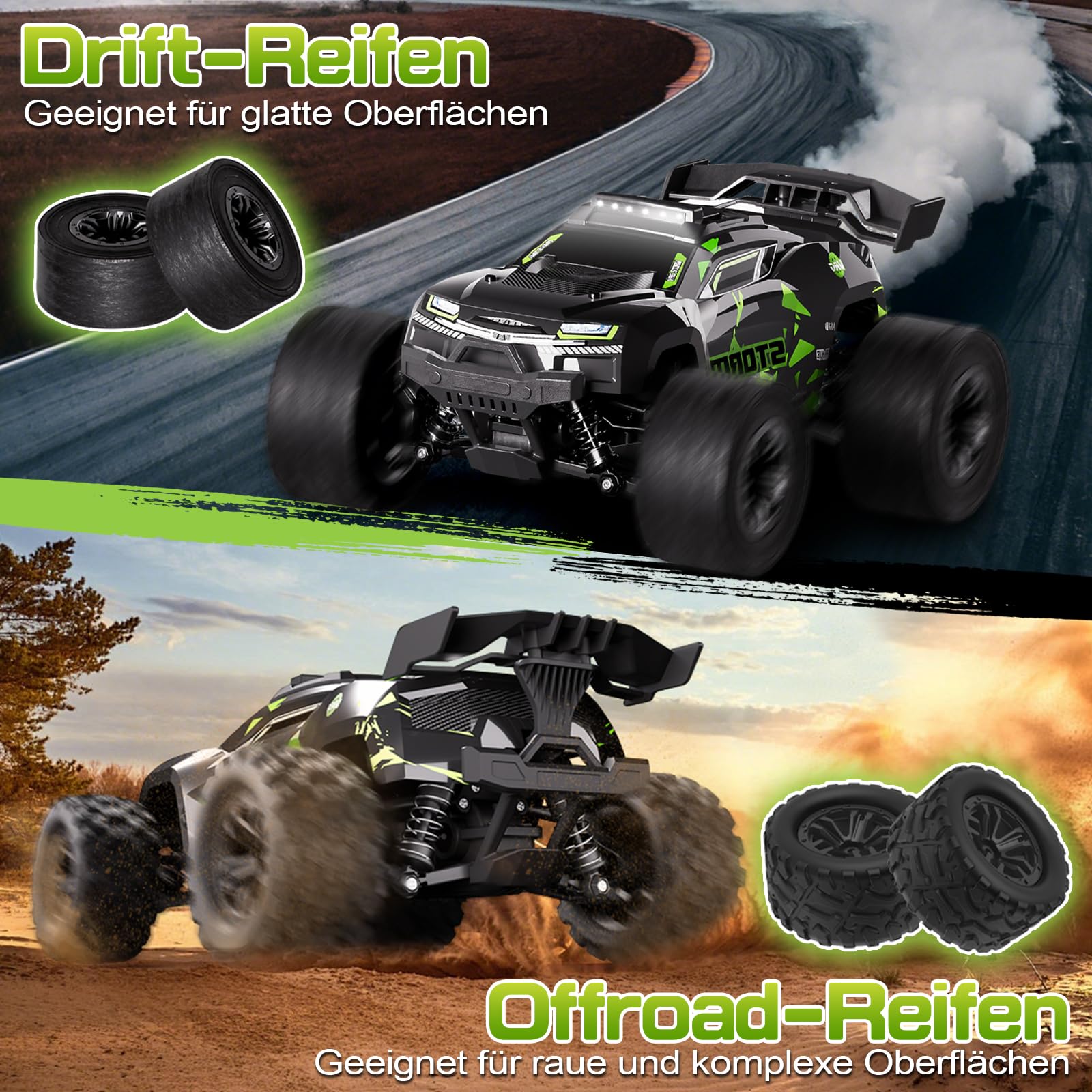 Zdalnie sterowany samochód 40 km/h, od 8, 10 lat, 1/18 RC Auto Offroad z 2 zestawami opon i 2 akumulatorami 50 minut, 2,4 GHz Monster Truck zdalne sterowanie ze światłem, 4WD wodoszczelny samochód RC