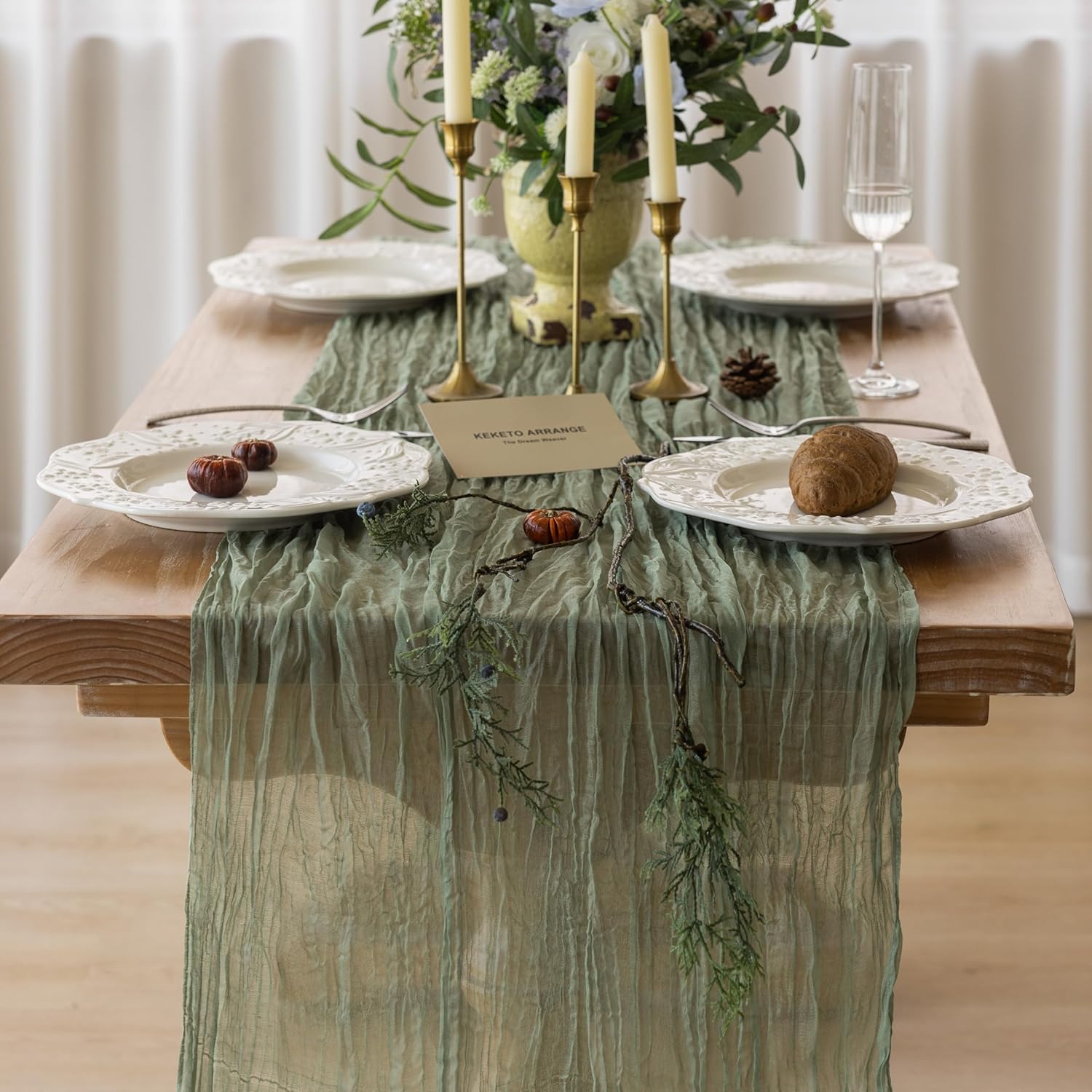 Keketoarrange Sage Green Table Runner Easter Sheer French Country Decor Rustic Gauze Bali Yarn Cheesecloth 120 Inch 10 FT Cheese Cloth for Wedding Baby Bridal Shower Party Spring Home Decorations - Image 2