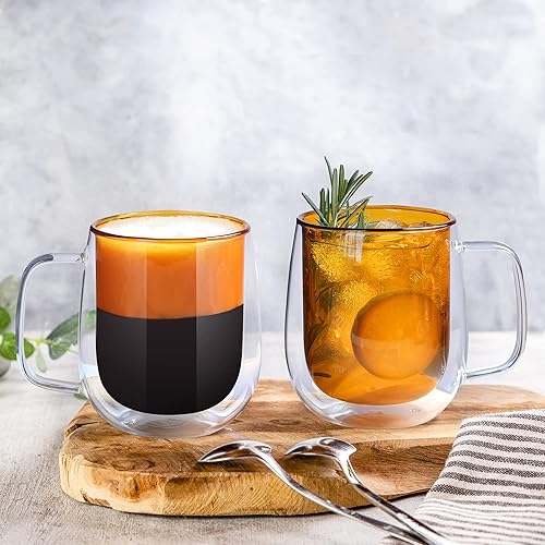 Miniatura 2 de Joeyan Juego de 2 tazas de café de vidrio de doble pared ámbar, vasos de café aislados, tazas de café expreso, taza de té, taza de café con asa,