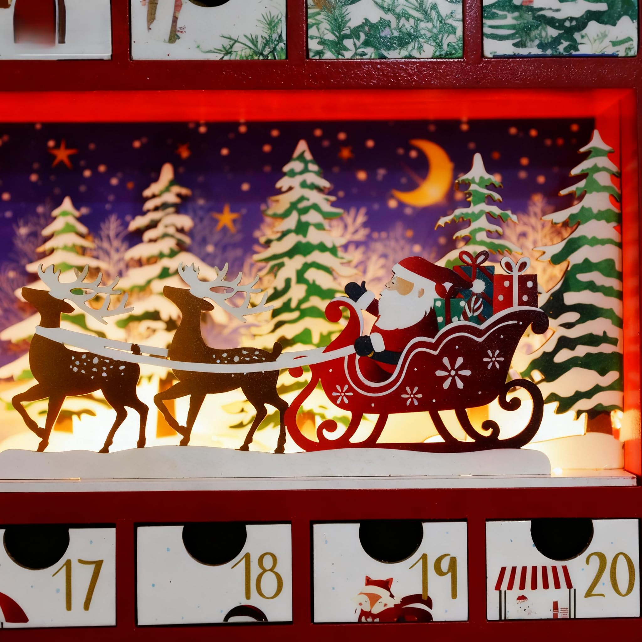 PE Adventskalender Holz befüllbar, LED Weihnachtskalender, 24 Schubladen | Weihnachtskalender, 2 LED-3D-Szenen, Winterdorf und Rentierschlitten, wiederverwendbar, Tischdeko, Batterien nicht enthalten