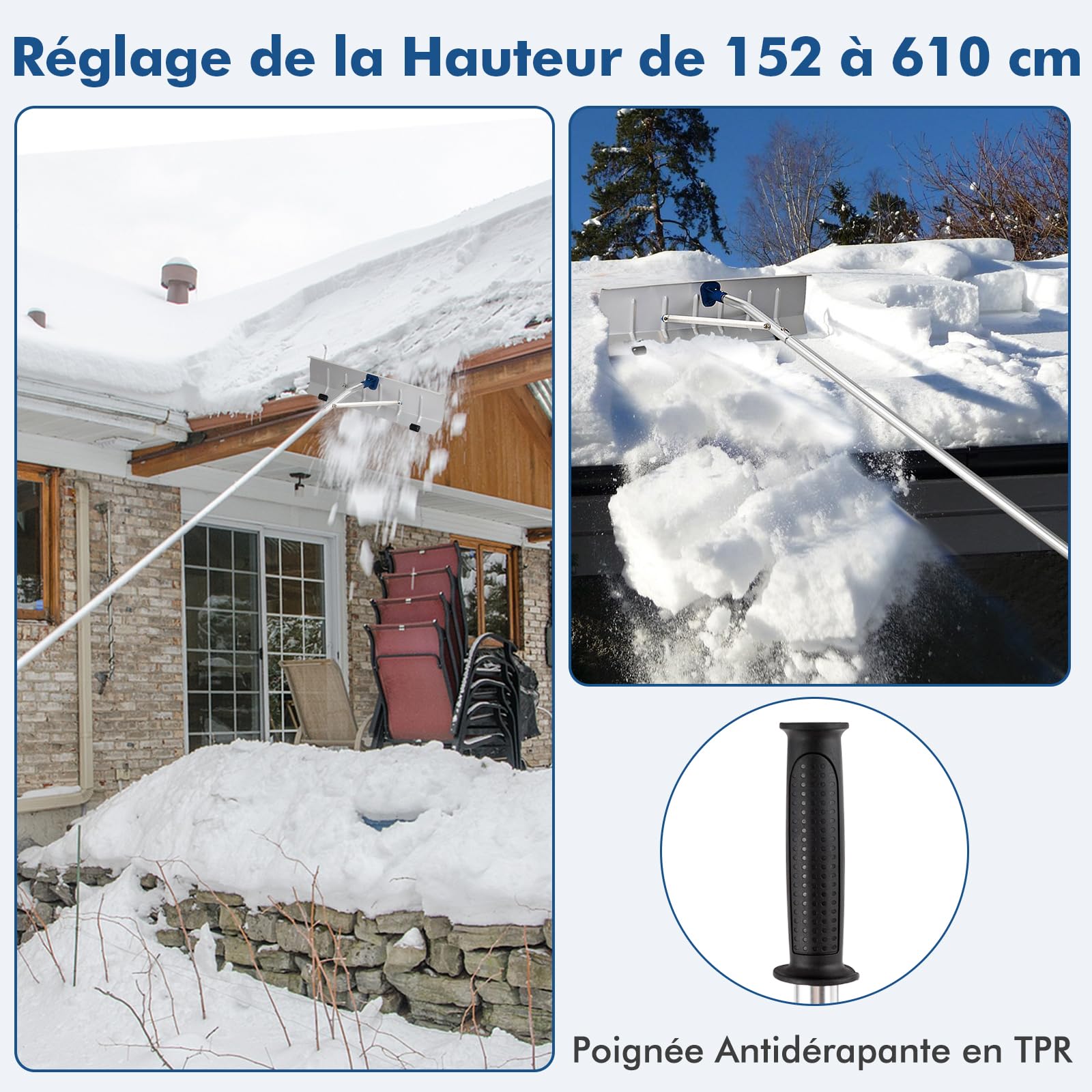 GYMAX Râteau à Neige pour Toit ou Voiture, Barre Télescopique Réglable 152 à 610CM en Aluminium, Outil de Déneigement Léger et Robuste, Lame avec Rouleaux, Poignée Antidérapante