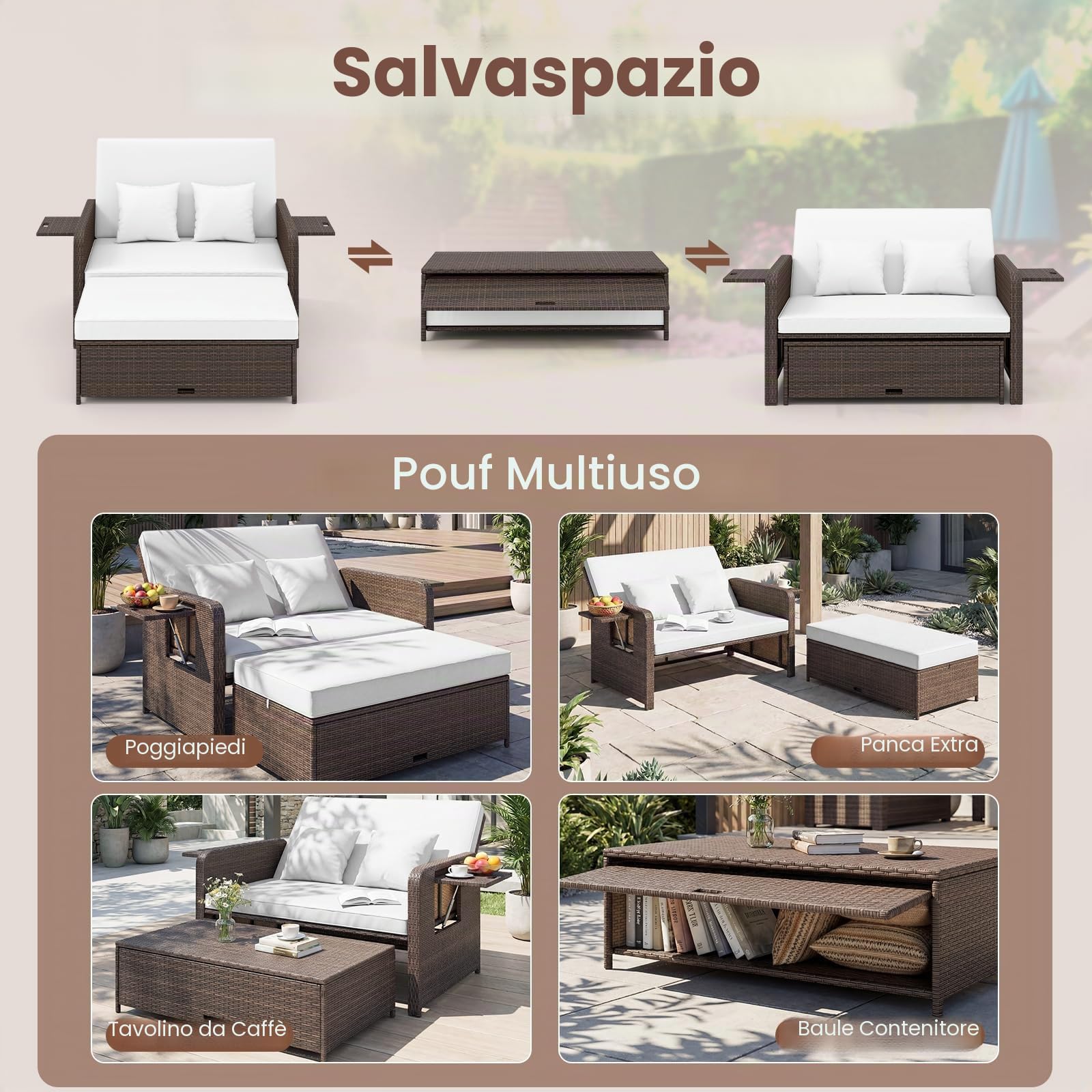 GIANTEX Divano da Giardino in Rattan con Poggiapiedi, Doppio Divano da Esterno con Schienale Regolabile, Mobili da Giardino per Terrazza, Balcone, Cortile