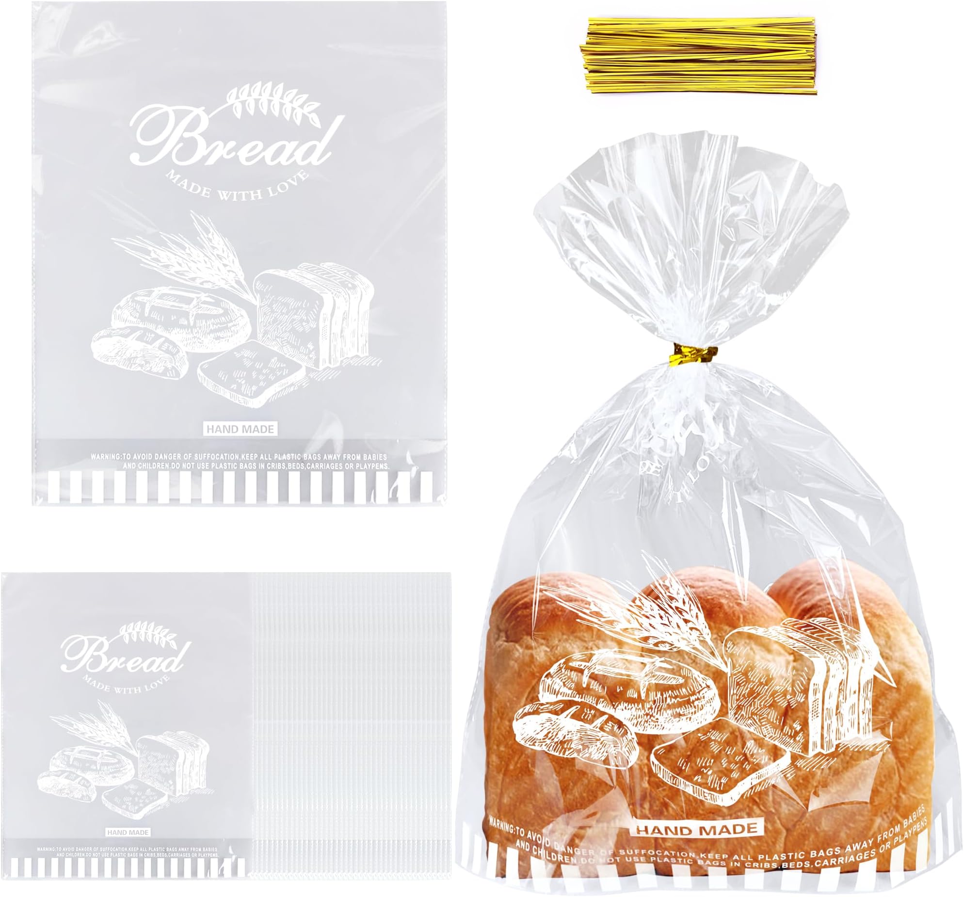 90 PCS 11"x 14" Bread Loaf Packing Bags with Bottom Gusset and Ties Clear Cello Cellophane bags Printed Bread Bags