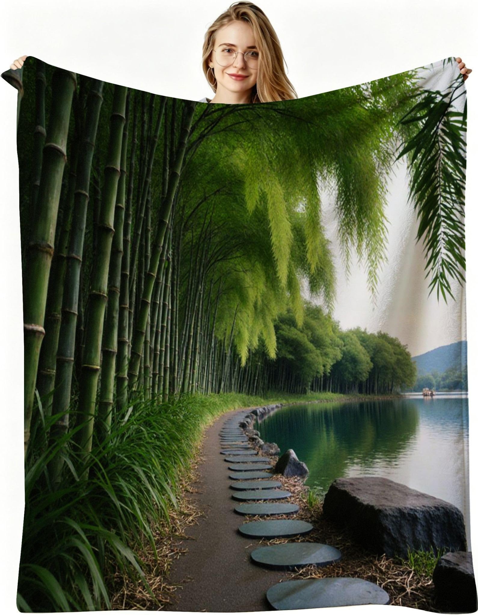 Couverture lit 1 personnes en flanelle douce et jeté de canapé bambou vert